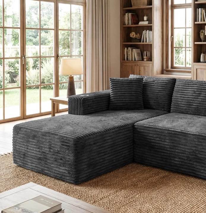 shintenchi 103" boneless couches for living room with 2 cup holders,l shaped modular sectional sofa set,no assembly needed plush corduroy living room set,dark gray (chaise only)