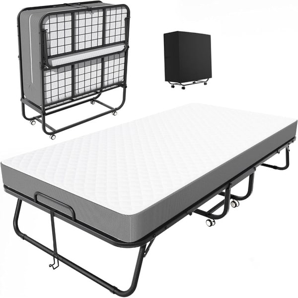75inch folding bed with 5 inch memory foam mattress and dustproof bag, twin size portable foldable rolling guest bed for adults