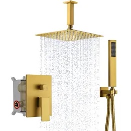 rainfall shower system with high pressure 10 inch shower head hand held shower head bathroom mixer shower complete combo set - gold