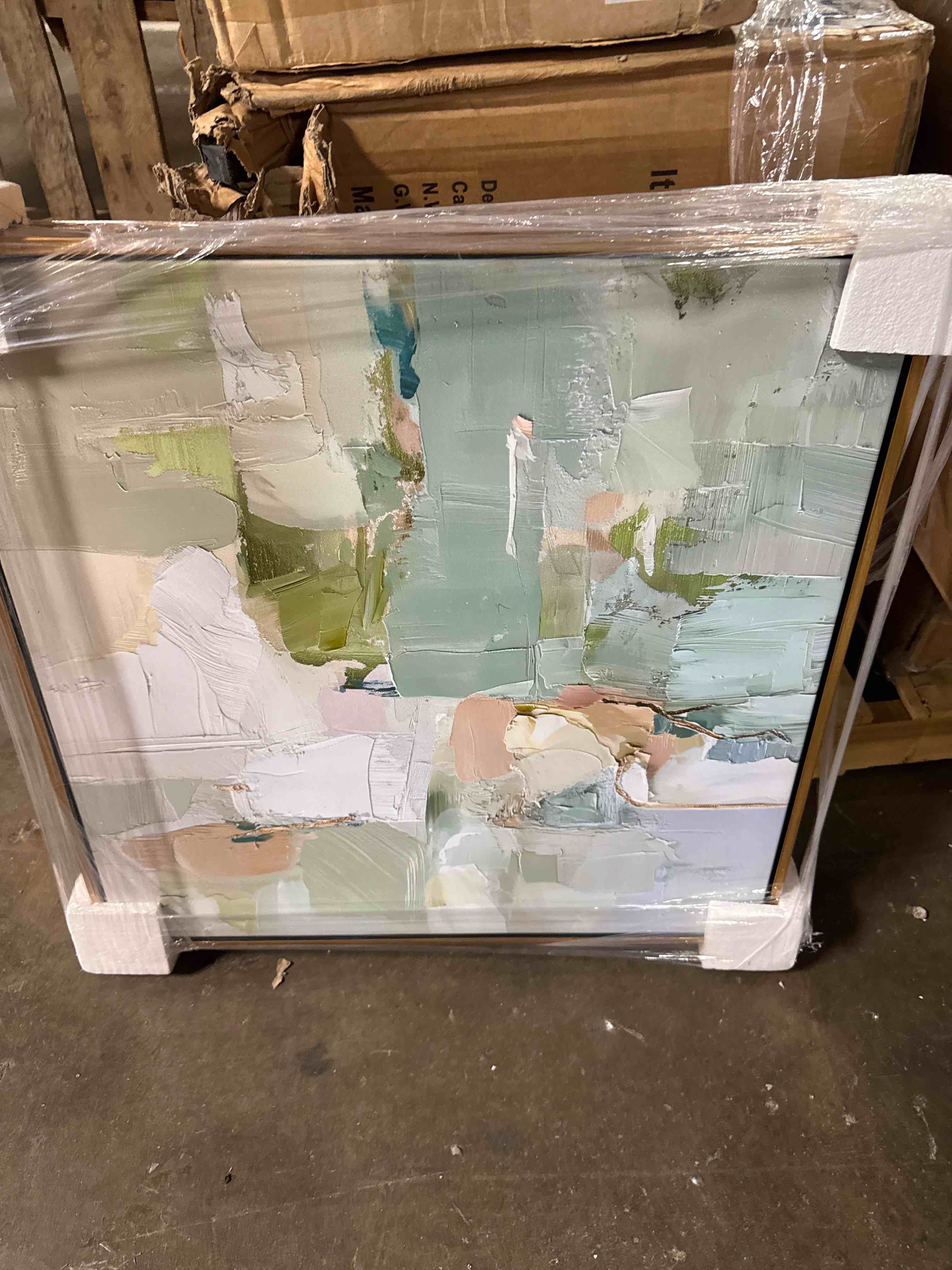 Condition photo showing New/Like New for 'pastel abstract expressions'| 2pc framed giclee art set 2 | stupell industries | white, 24 x 24 inches, easy to hang and sturdy, made in usa, by june erica vess