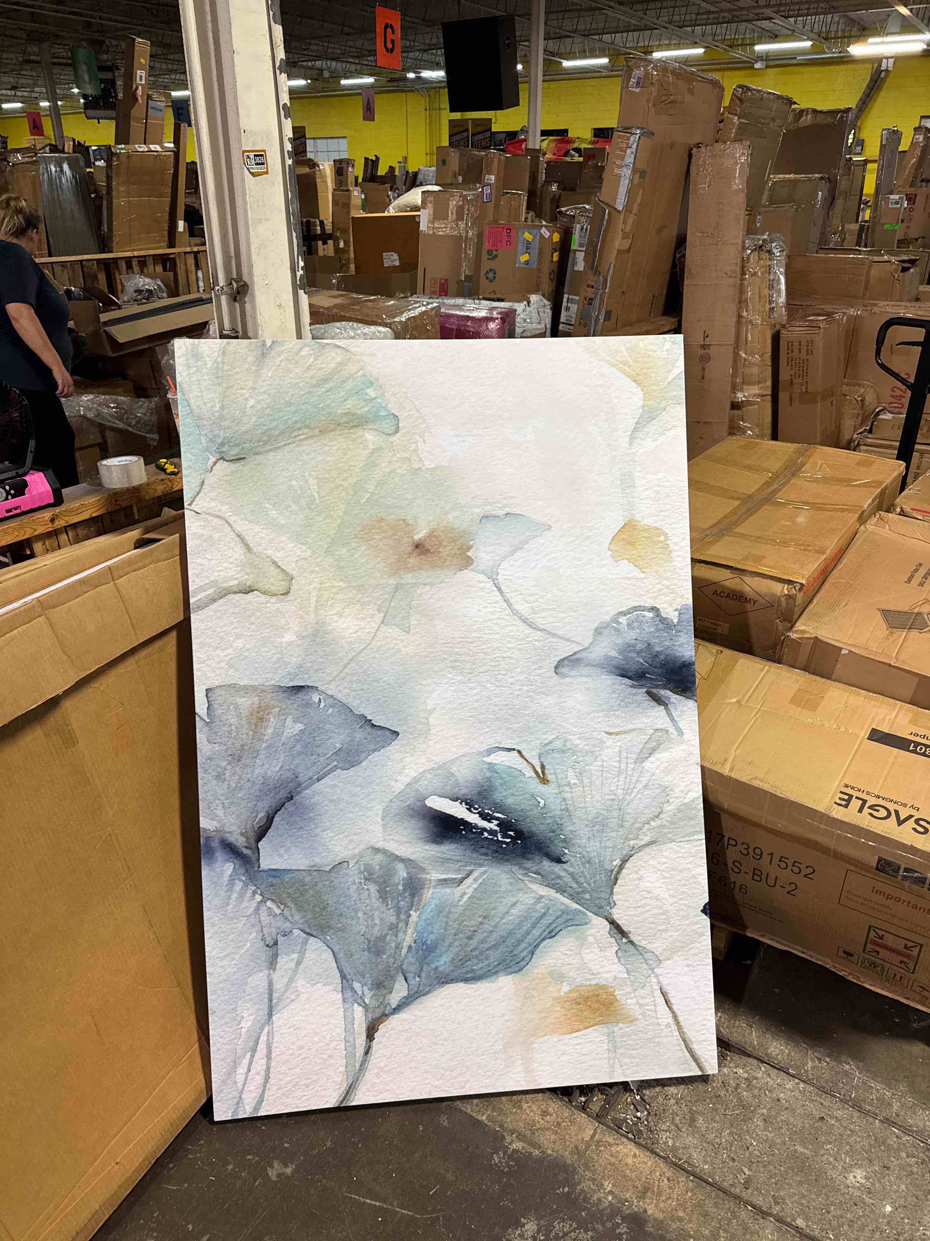 Condition photo showing New/Like New for elephantstock glorious ginkgo wall art - 3 piece blue wall art, ready-to-hang decor painting, blue flowers canvas wall art - 38" x 24"( see pics)
