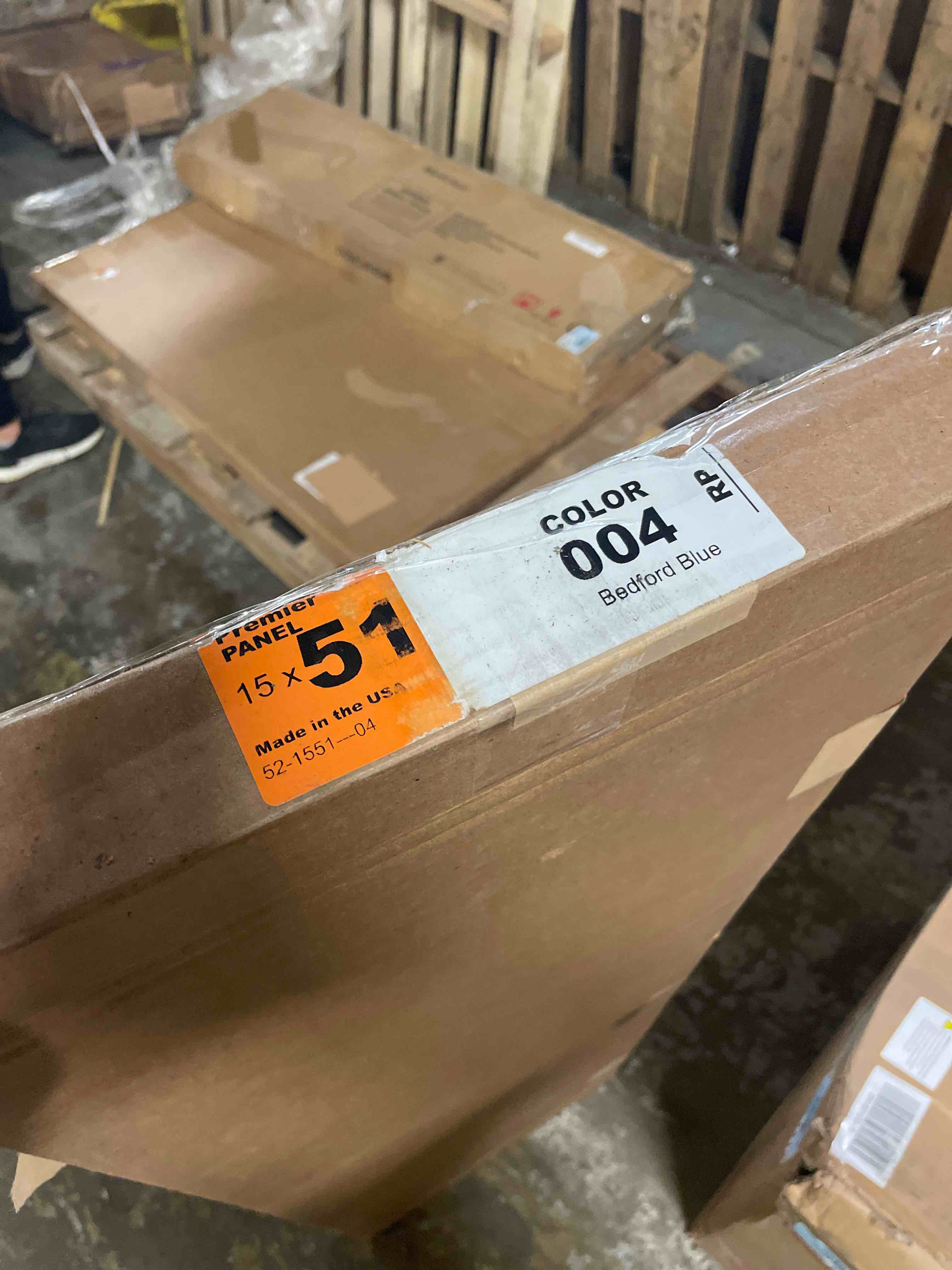 Condition photo showing New/Like New for exterior solutions standard raised panel exterior vinyl shutter, bedford blue (pair), 15 inch x 51 inch