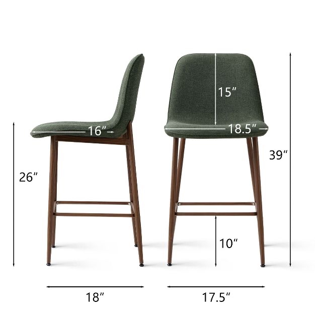 Set of 2 Counter Height Bar Stools, 26" Upholstered Kitchen Island Stools with Metal Legs, Curved Back Bar Chairs for Dining Room-Panipeachy