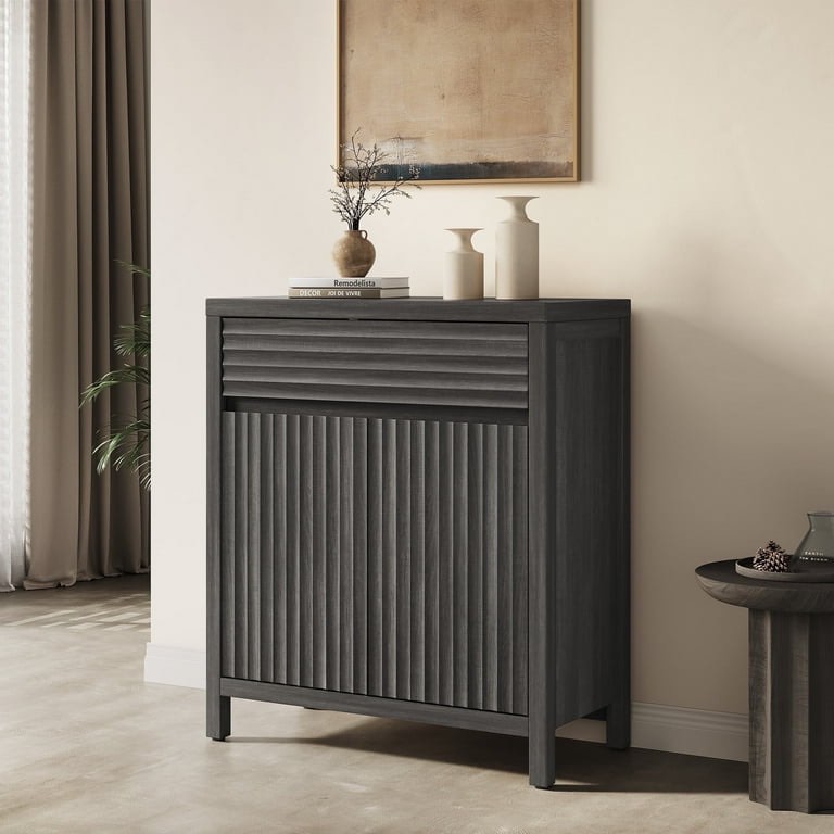 SICOTAS Farmhouse Buffet Sideboard Cabinet with Drawers and 2 Doors, 29" W Fluted Coffee Bar with Adjustable Shelves, Small Modular Storage Cabinet for Dining Room, Living Room, Entryway, Dark Grey (Wood has some damage)