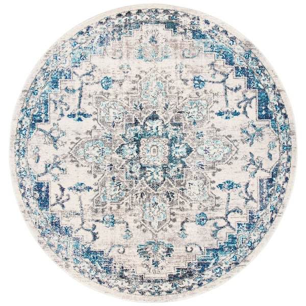 Madison Ivory/Grey 5 ft. x 5 ft. Border Geometric Floral Medallion Round Area Rug