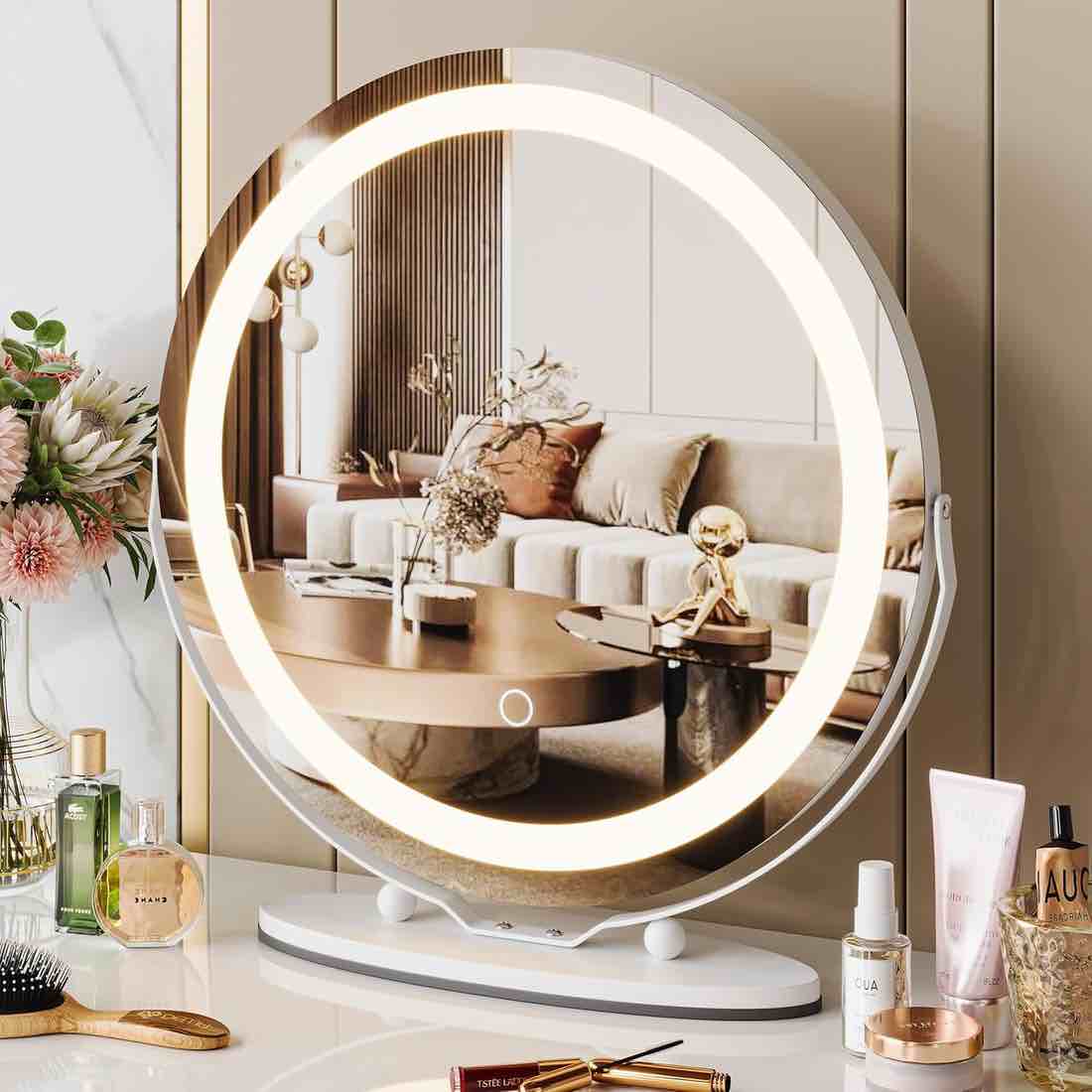 garvee 19" vanity mirror with led lights, large round makeup mirror with touch control