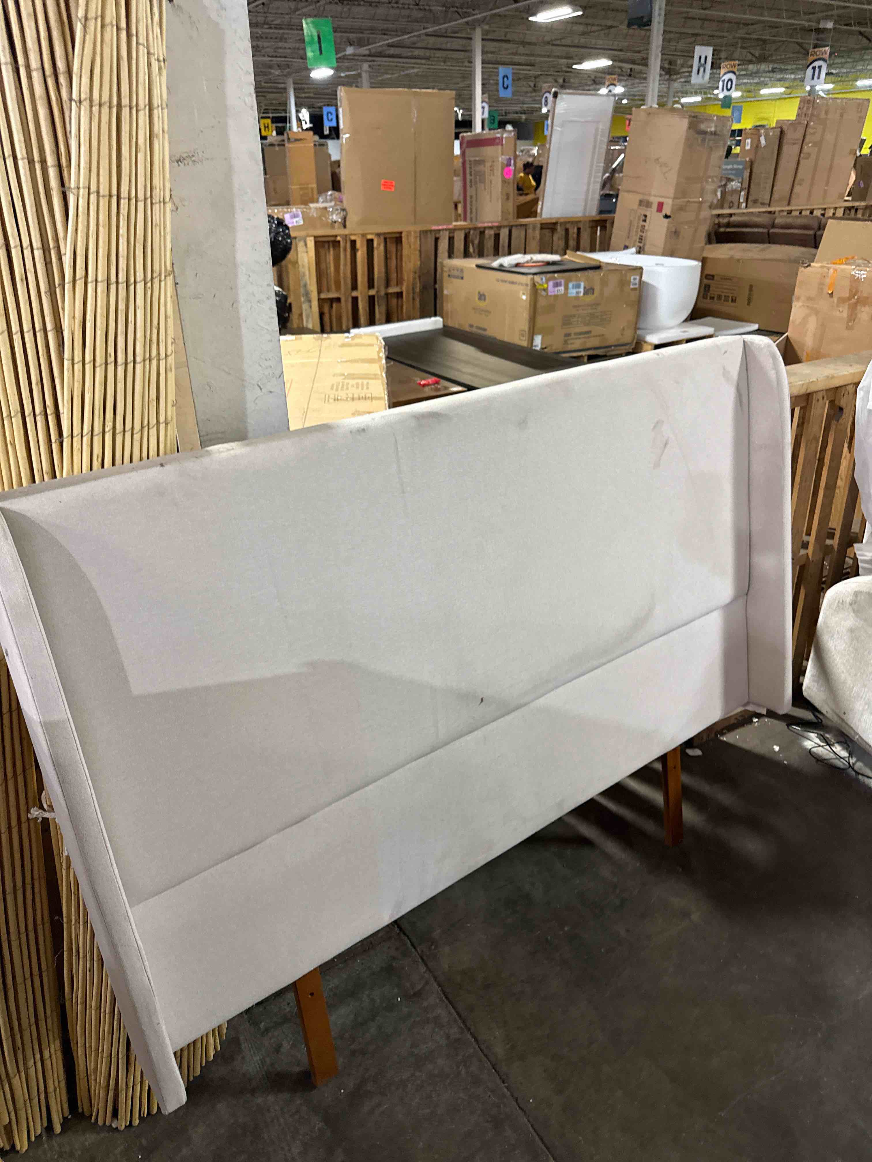 Condition photo showing Good Condition for gdfstudio ceyety queen size wingback high headboard, upholstered linen fabric headboard, bamboo wood, easy assembly, 48''h, tan (missing hardware and has some stains)