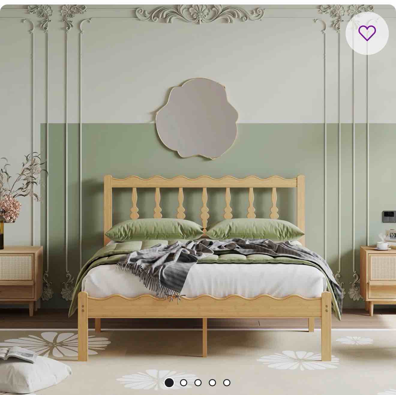 solid wood full bed frame with wavy headboard, no box spring needed, bamboo&metal