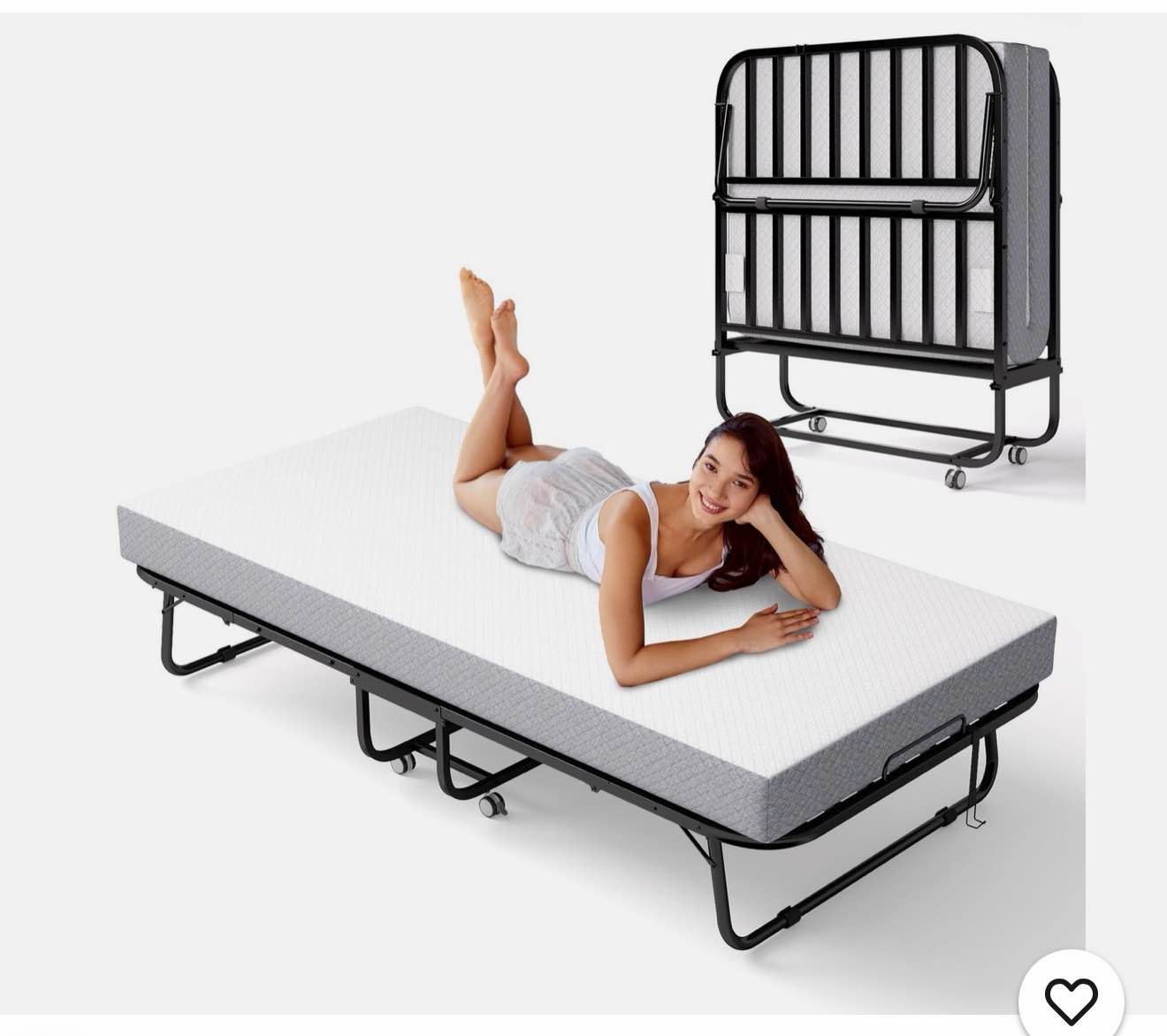 folding bed with memory foam mattress, portable rollaway guest beds on wheels