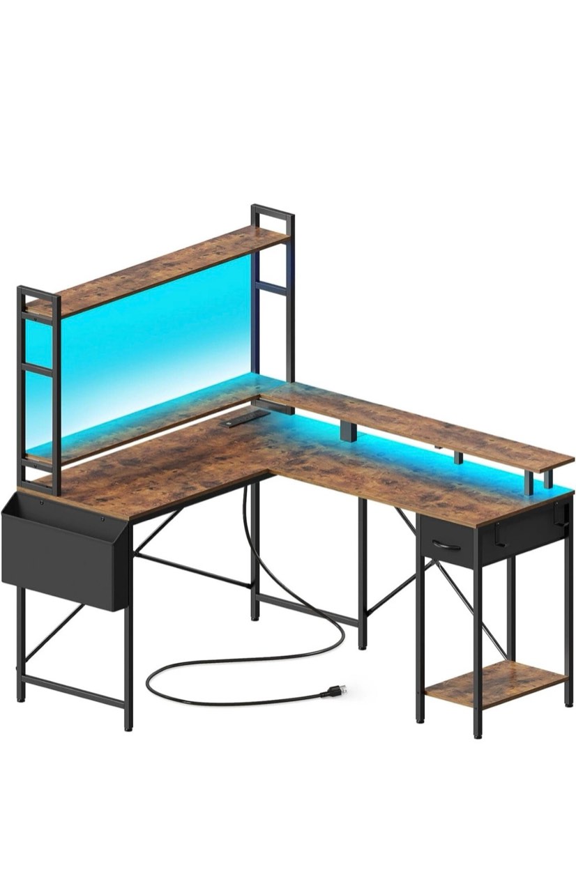 huuger l shaped desk gaming desk with led lights & power outlets, computer desk
