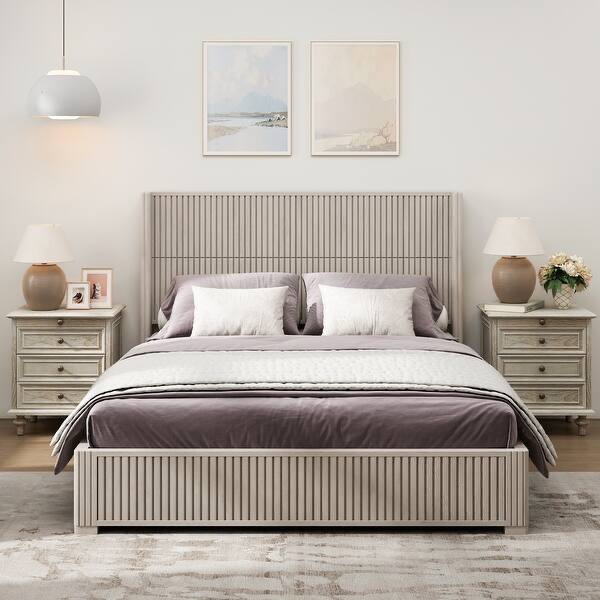 queen size solid wood platform bed frame with headboard