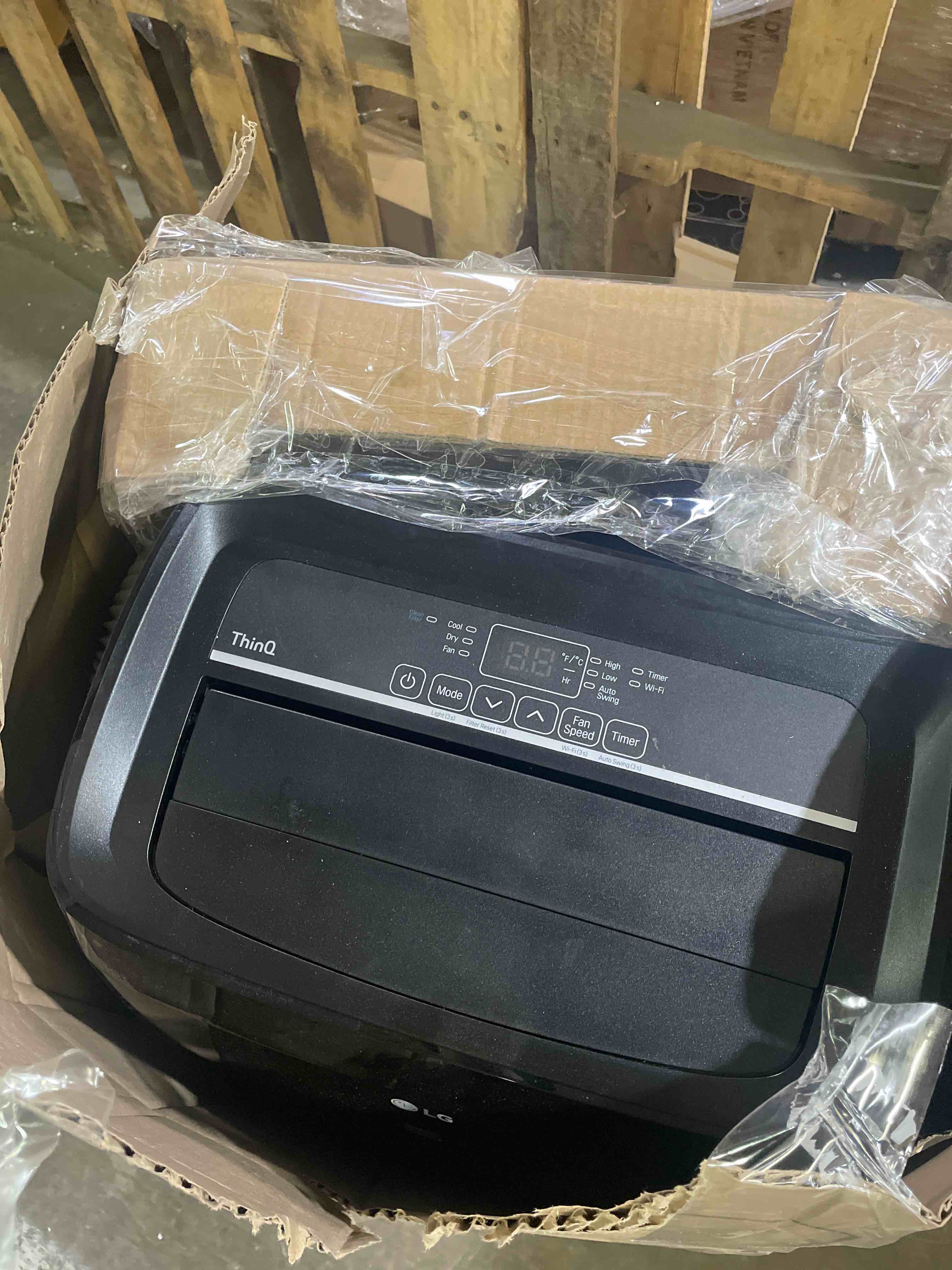 Condition photo showing As Is for lg 8,000 btu (doe) 12,000 btu (ashrae) smart portable air conditioner, 115v, cools 350 sq.ft. (14' x 25' room size), voice control, works with lg thinq, amazon alexa, and hey google (used)