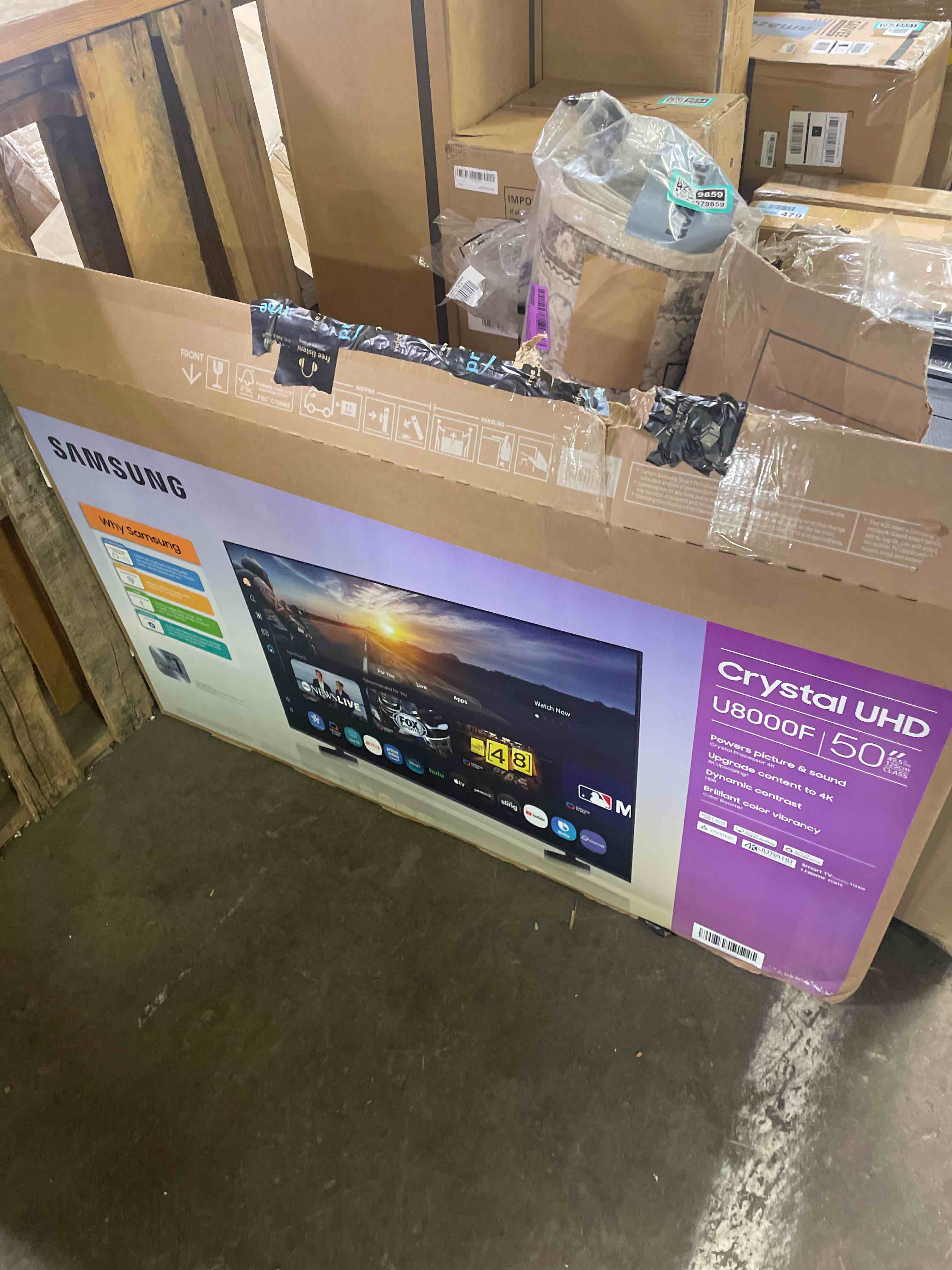 Condition photo showing As Is for samsung 50-inch class crystal uhd u8000f 4k smart tv (2025 model) endless free content, crystal processor 4k, metalstream design, knox security, alexa built-in (used)