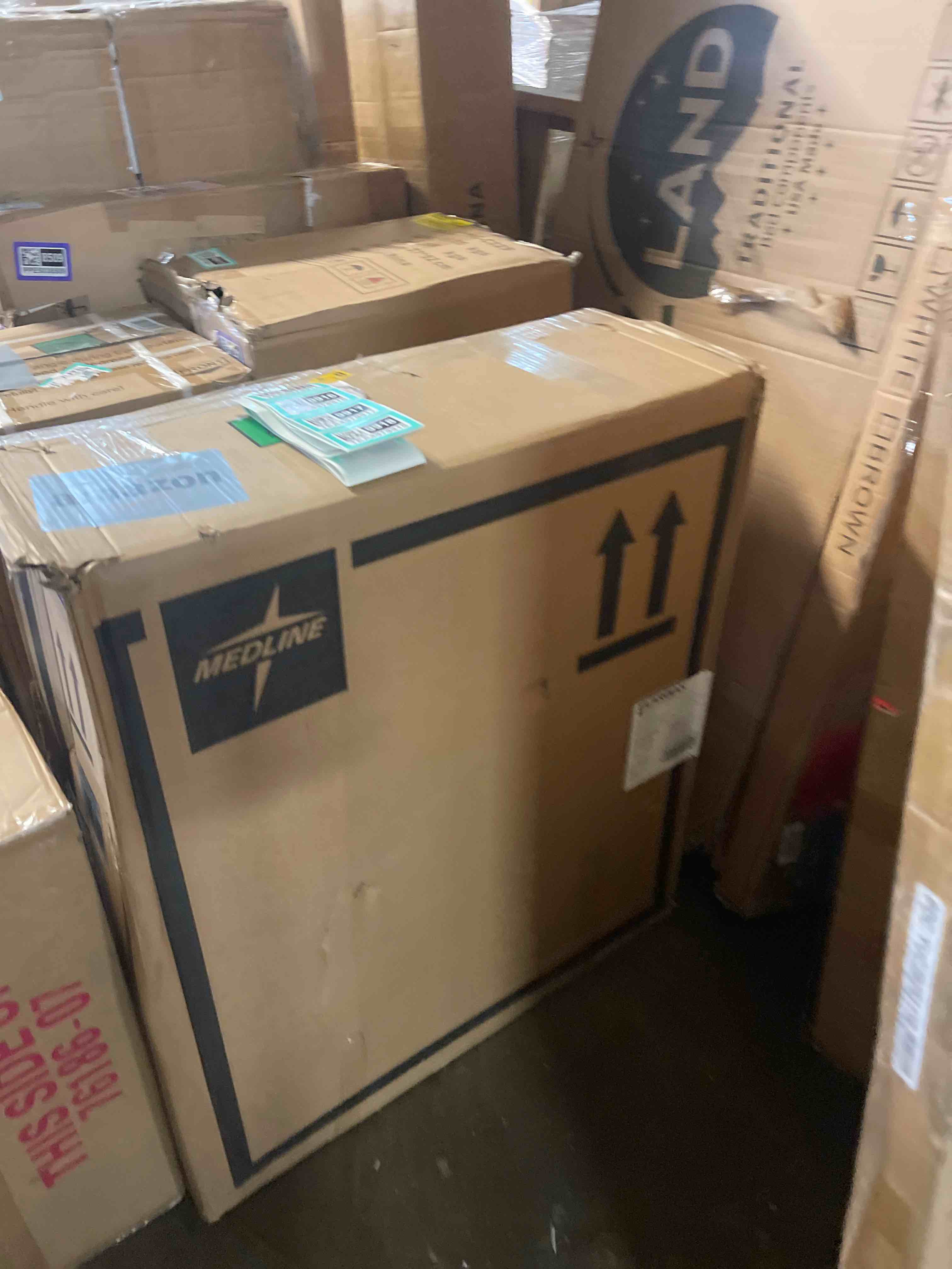 Condition photo showing New/Like New for medline comfortable folding wheelchair with swing-back, desk-length arms and elevating footrests, 18”w x 16”d seat,black 18" wide