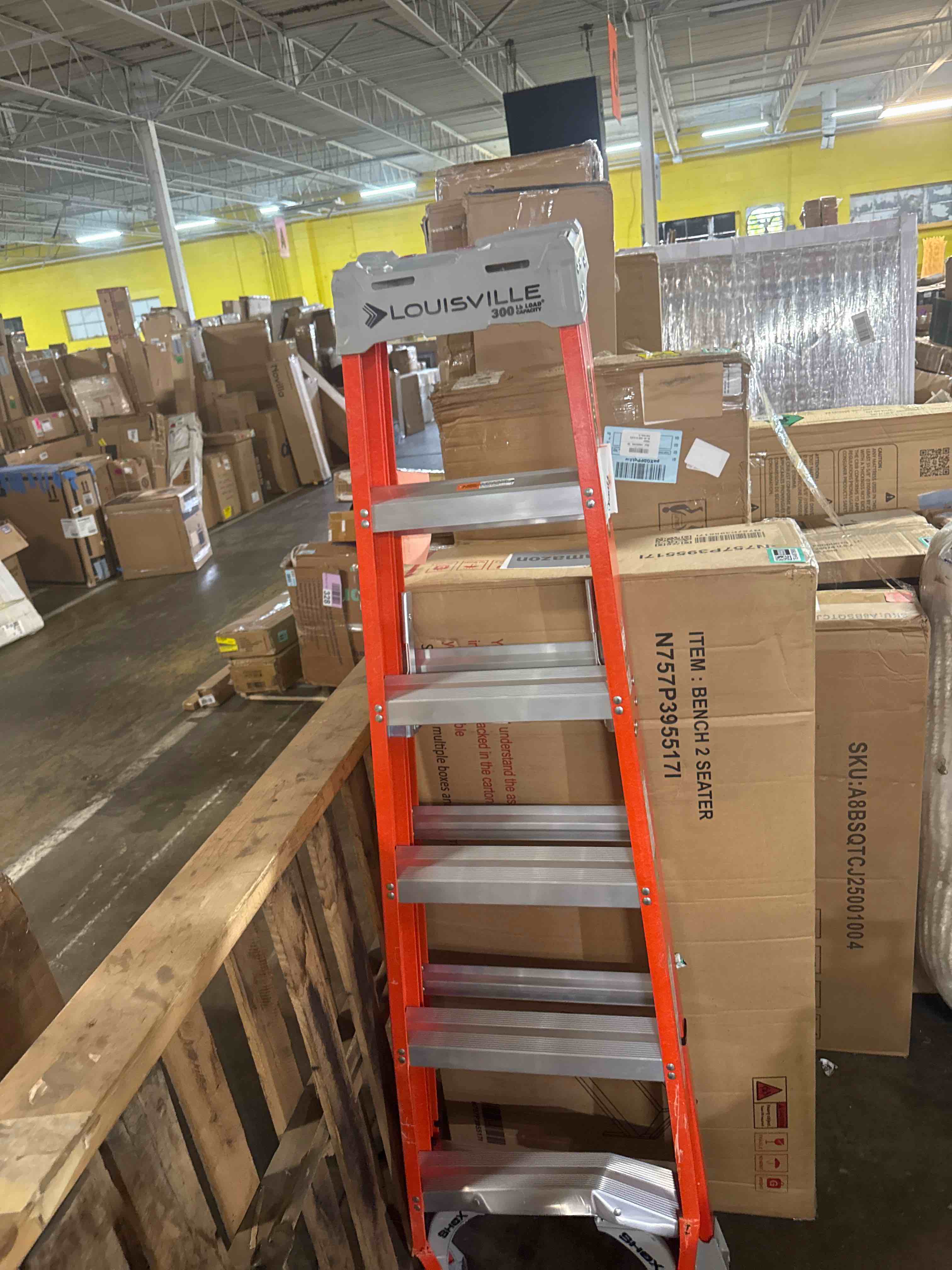 Condition photo showing As Is for louisville ladder 6-foot fiberglass step ladder, 300-pound load capacity, type ia, fs1506 6 feet ladder (first step damaged)
