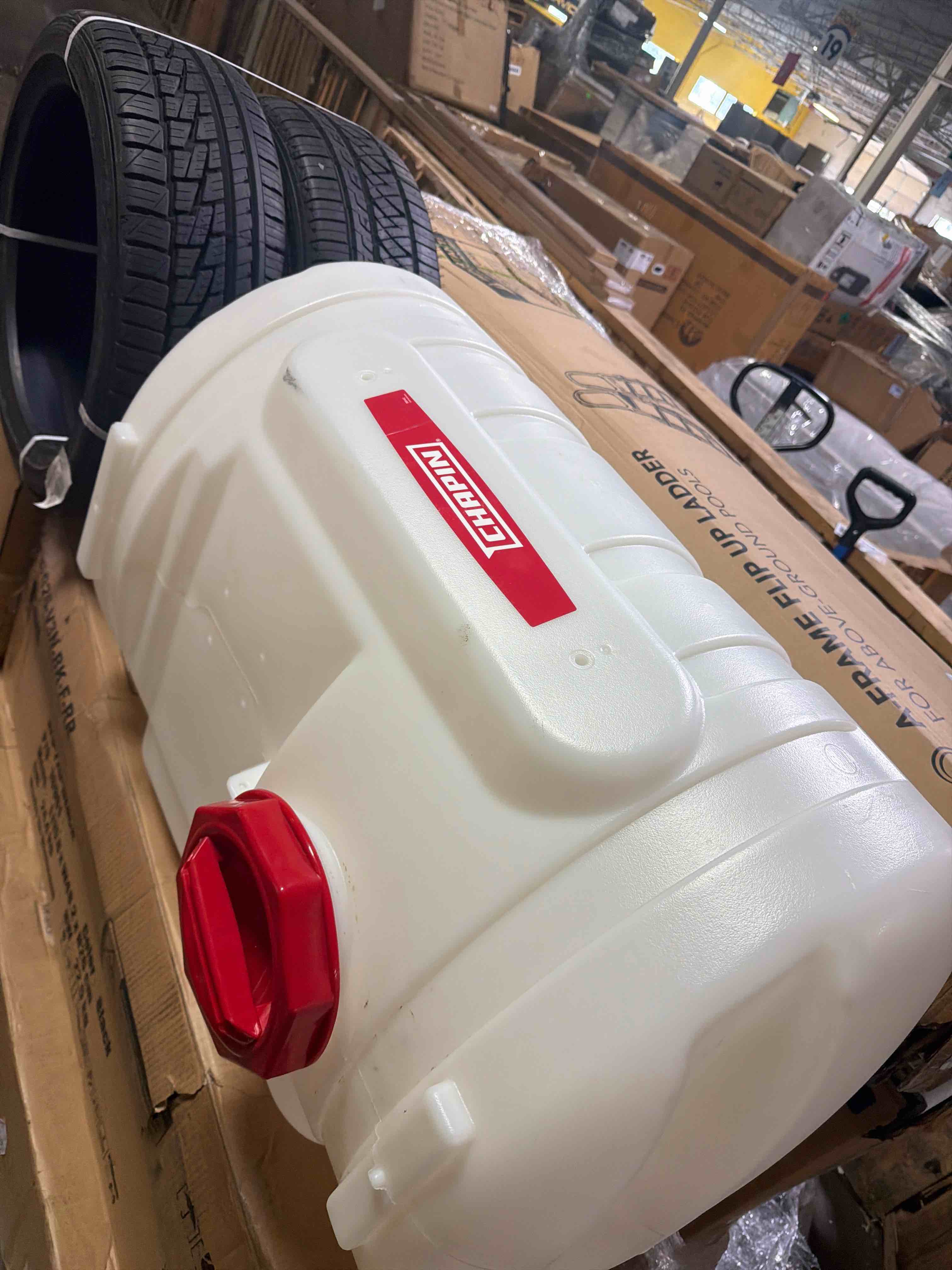 Condition photo showing New/Like New for chapin 98142 water storage tank, 40?gallon, utility water supply, translucent chemical?resistant poly tank, 6" wide cap, 2" drain & garden?hose port for farms, acreage, gardens & orchard 40-gallon