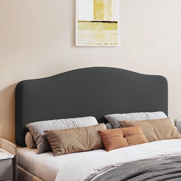 gray curved upholstered headboard queen with adjustable height and easy plug-in mount, scratch-resistant towel velvet