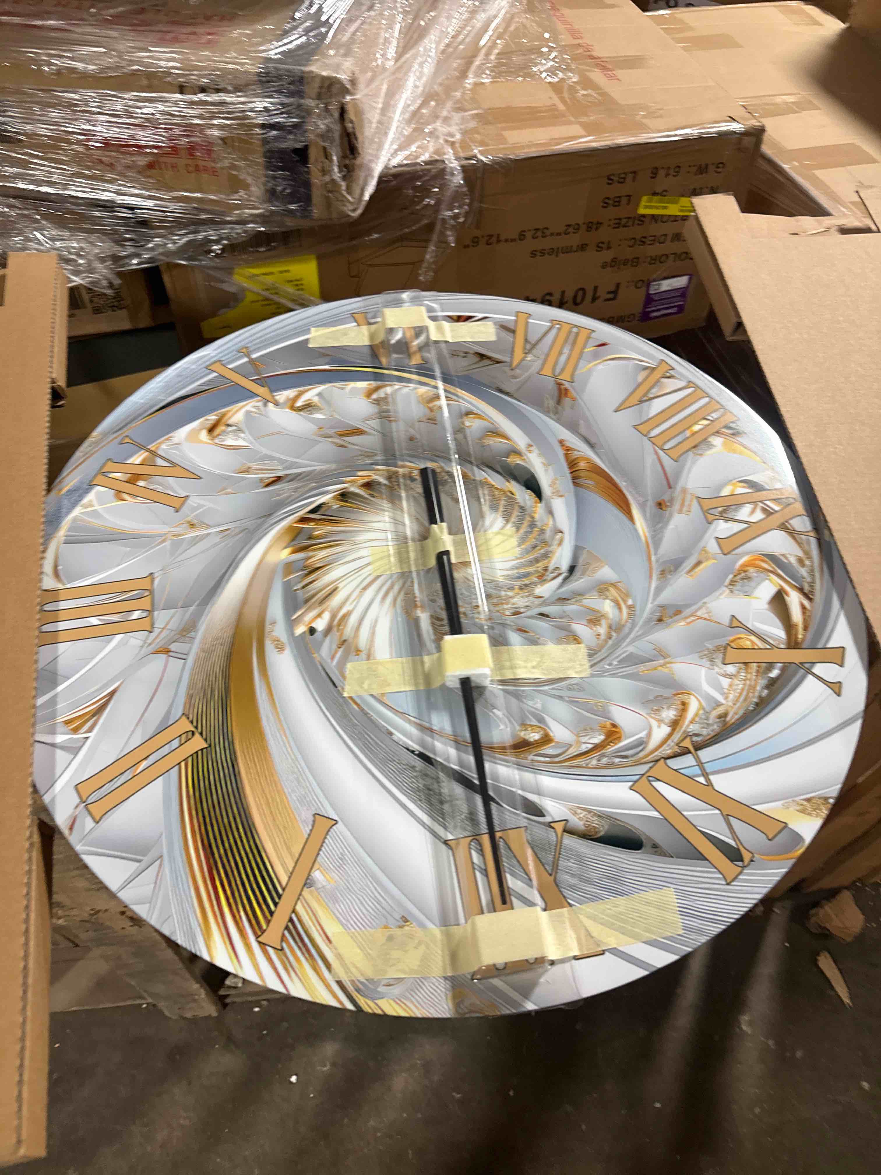 Condition photo showing New/Like New for glowing fractal with recursive curves – oversized modern metal wall clock 36" x 36" – silent non-ticking battery operated – round analog decorative wall clock for living room, bedroom, & office décor
