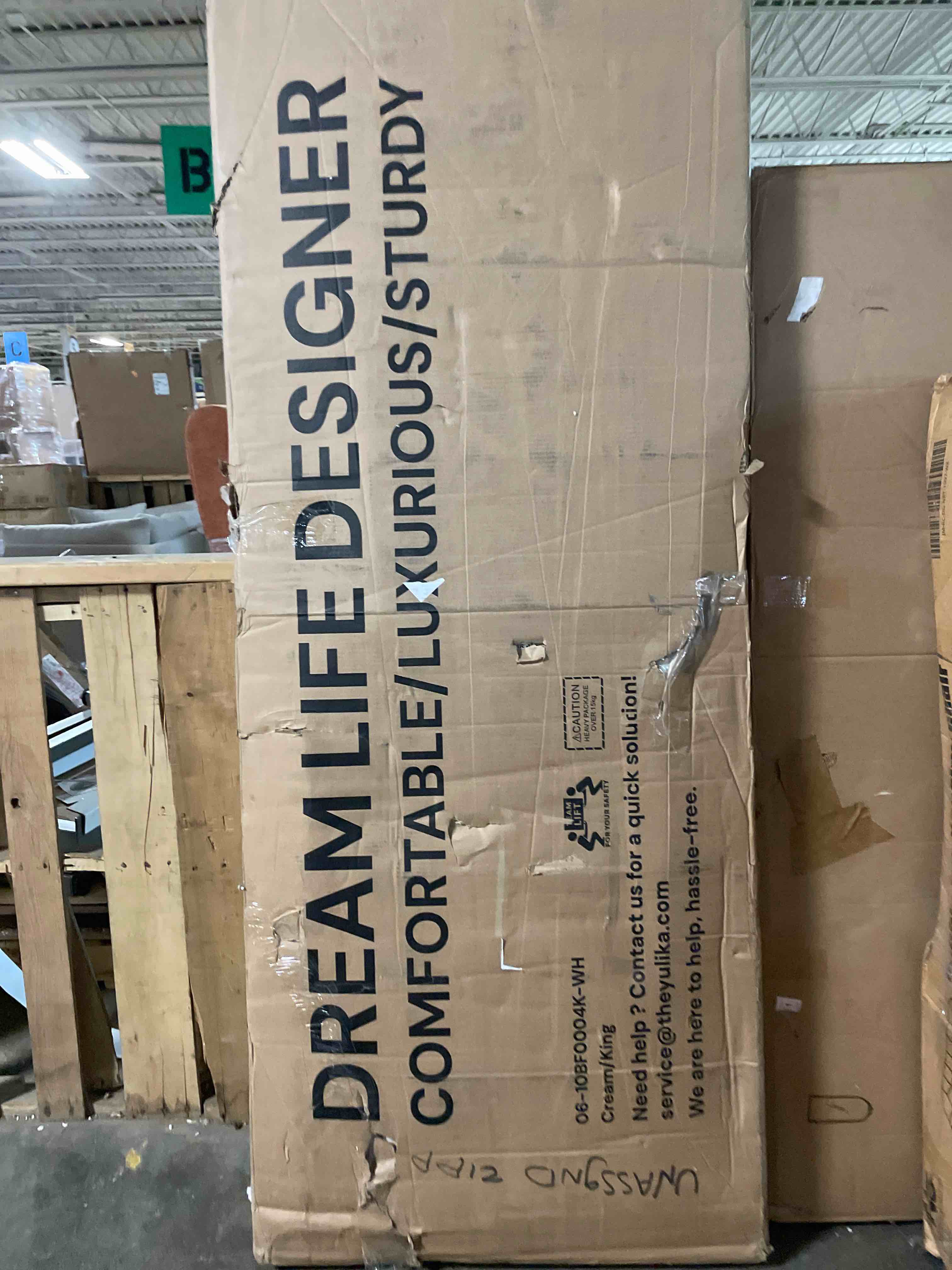 Condition photo showing New/Like New for anctor king bed frame, storage headboard with charging station, platform bed frame with strong metal support, sturdy and stable, noise free, no box spring needed, easy assembly, wood and cream
