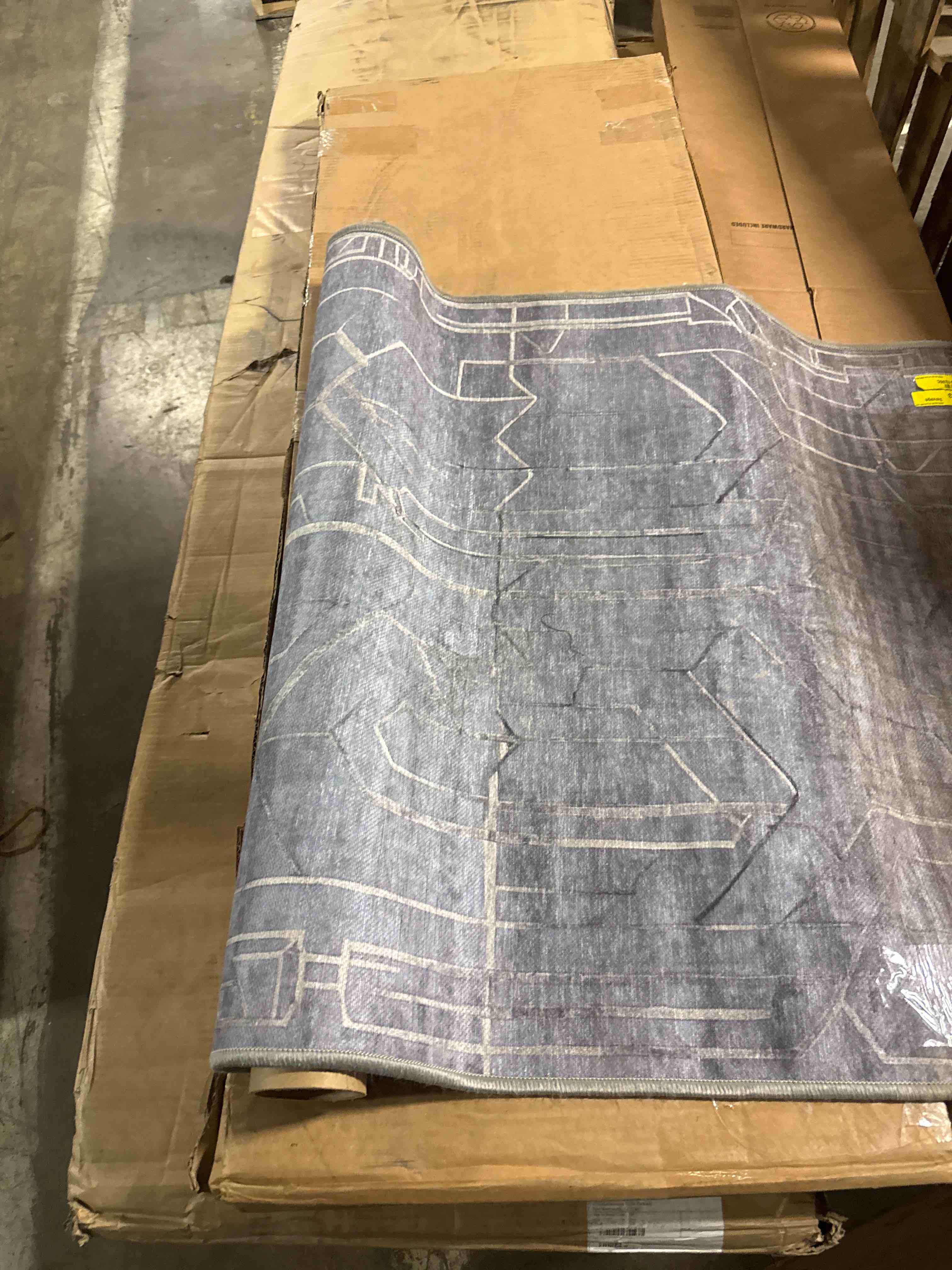 Condition photo showing As Is for jonathan y machine washable gray/mustard indoor area rug 4x6 ft, medallion for living room, bedroom, kitchen, office, easy-cleaning, high traffic, pet-friendly, non-shedding 3’x5’