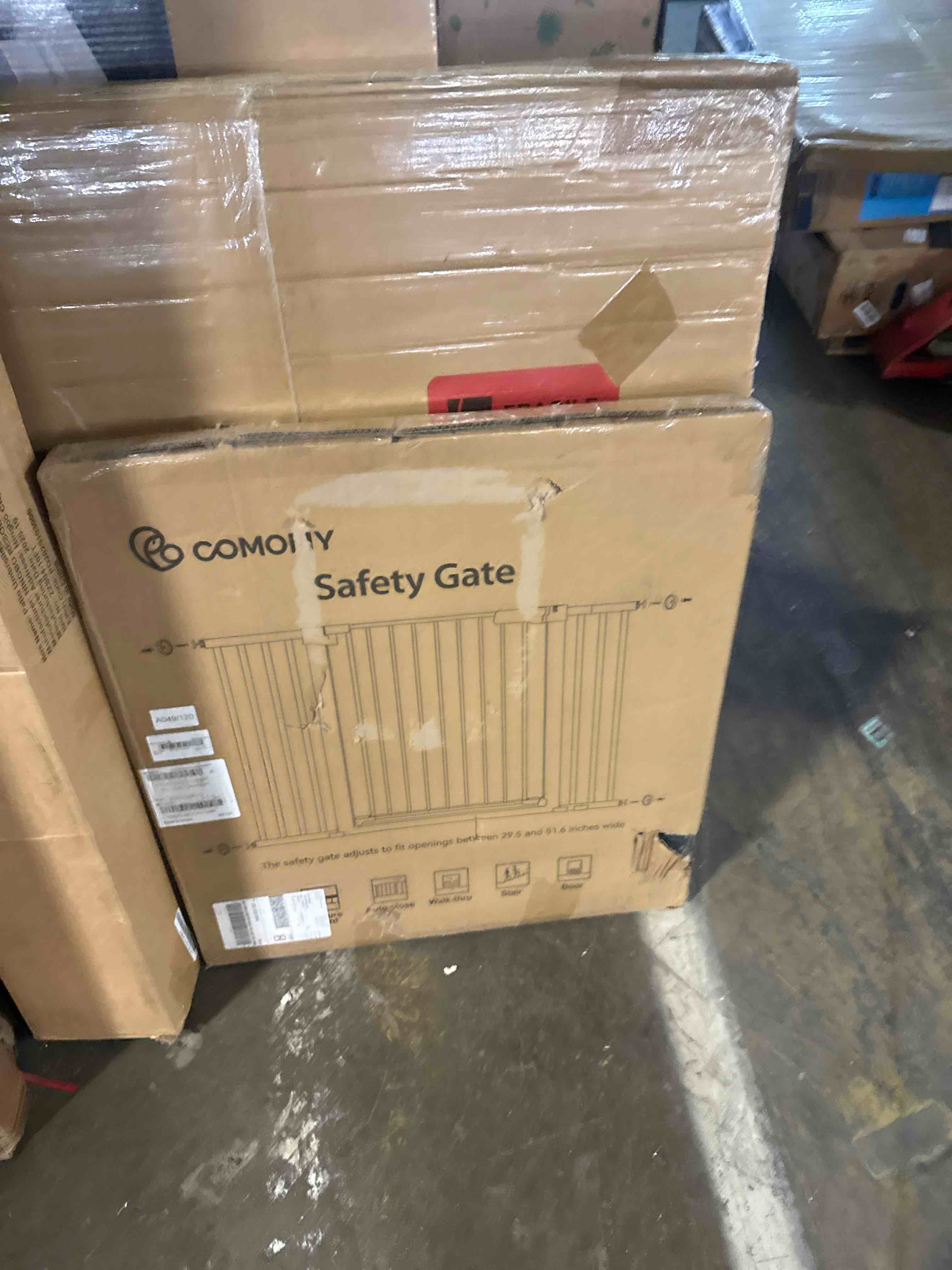 Condition photo showing New/Like New for comomy 30" tall baby gate for stairs doorways, fits openings 29.5" to 51.6" wide, auto close extra wide dog gate for house, pressure mounted easy walk through pet gate with door, black 30"tall 51.6"wide black