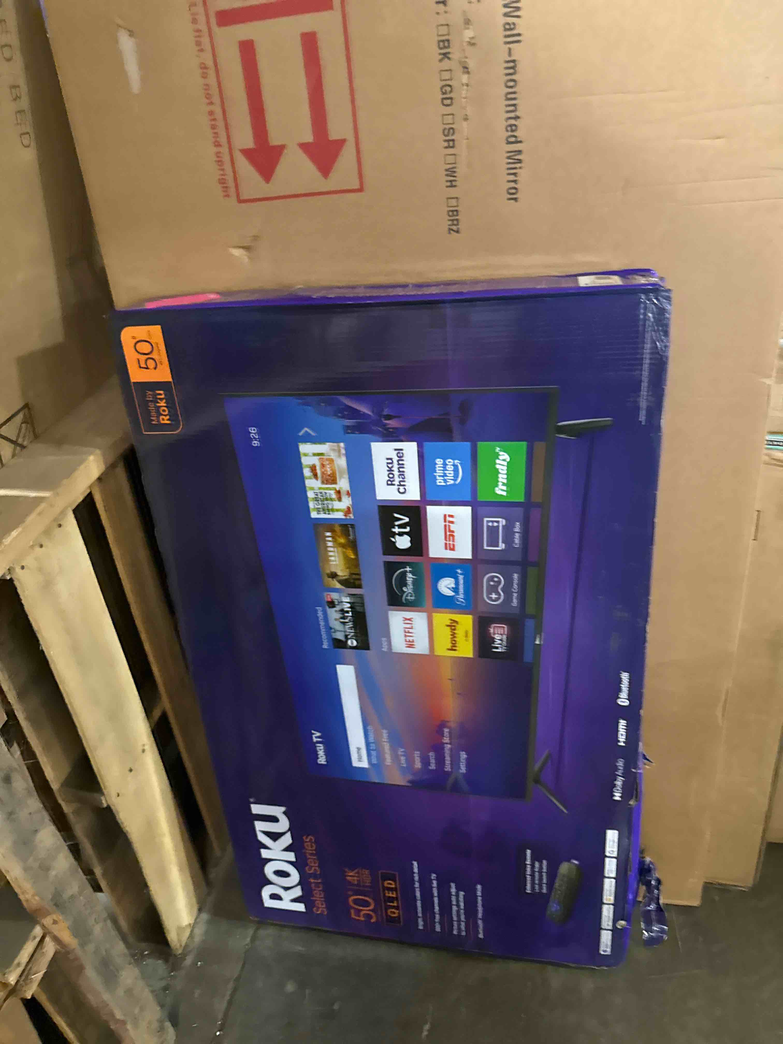 Condition photo showing As Is for roku smart tv 2026 – 50-inch select series, 4k qled tv – roku tv with voice remote – flat screen qled television with wi-fi for streaming live local news, sports, & movies – bluetooth headphone mode 4k qled 50" (does not work sold for parts)