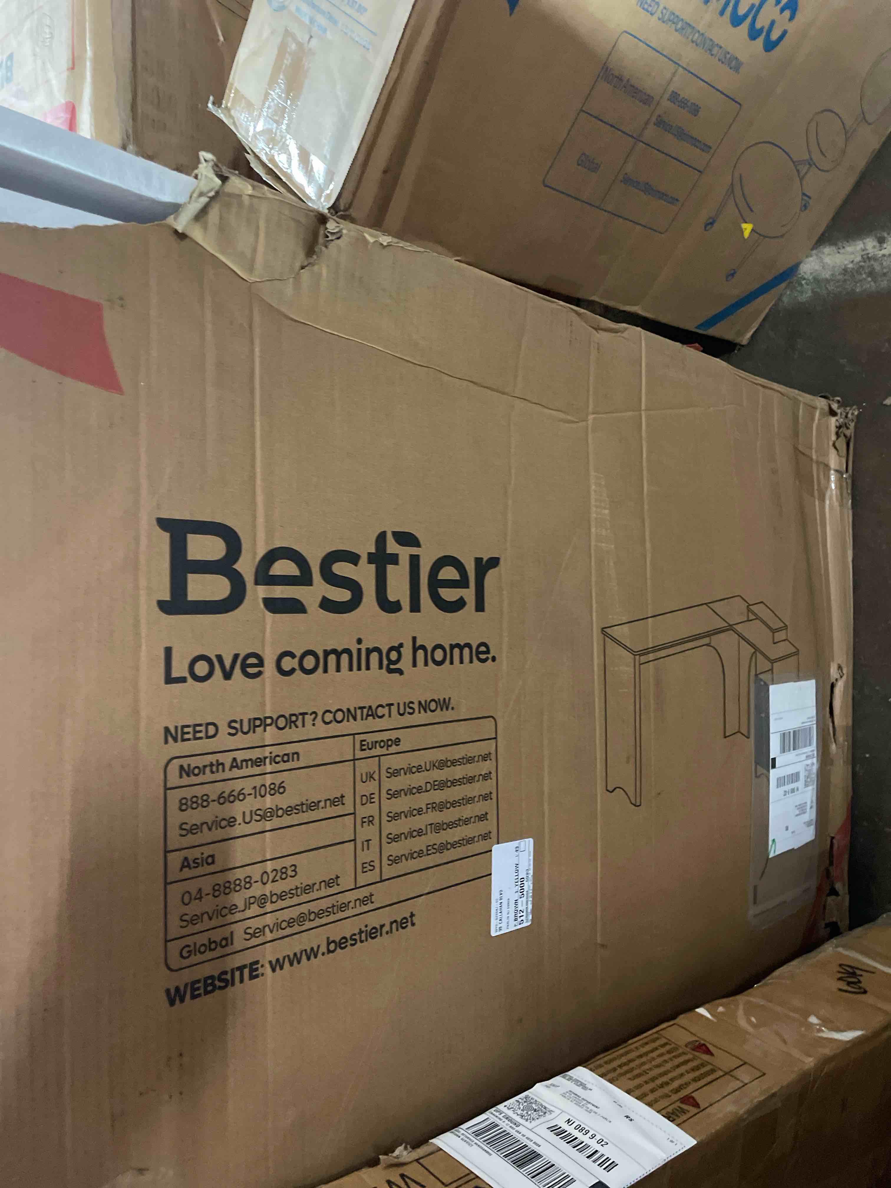 Condition photo showing New/Like New for bestier l shaped desk with file drawer, 55.7" x 55" office computer desk with round corners, modern desk with monitor stand & fluted panels for home office, black & rustic brown