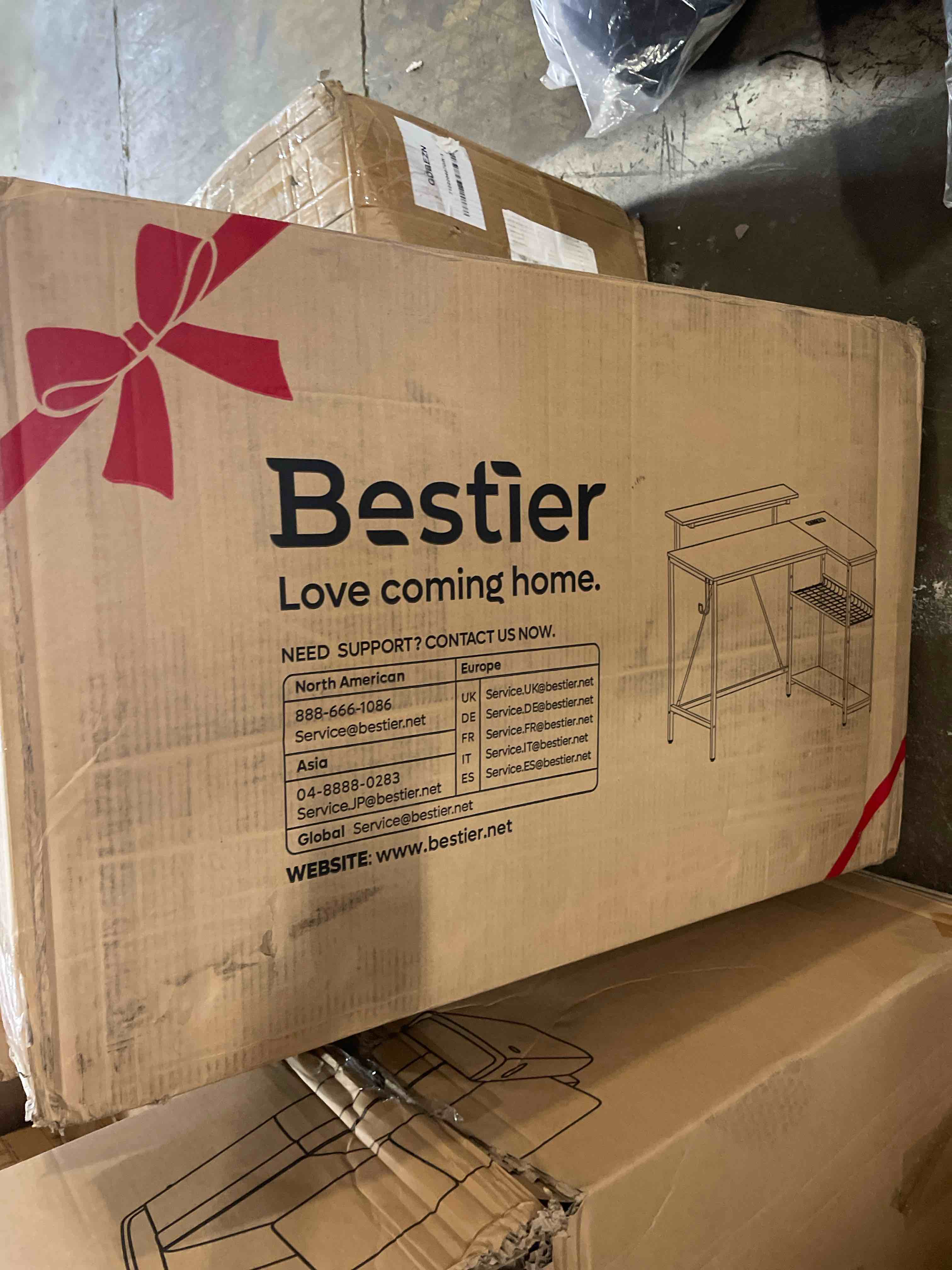 Condition photo showing New/Like New for bestier gaming desk with power outlets, 42" l-shaped computer desk with led lights, desk with reversible storage shelves & hooks for small spaces, bedrooms & offices, black carbon fiber