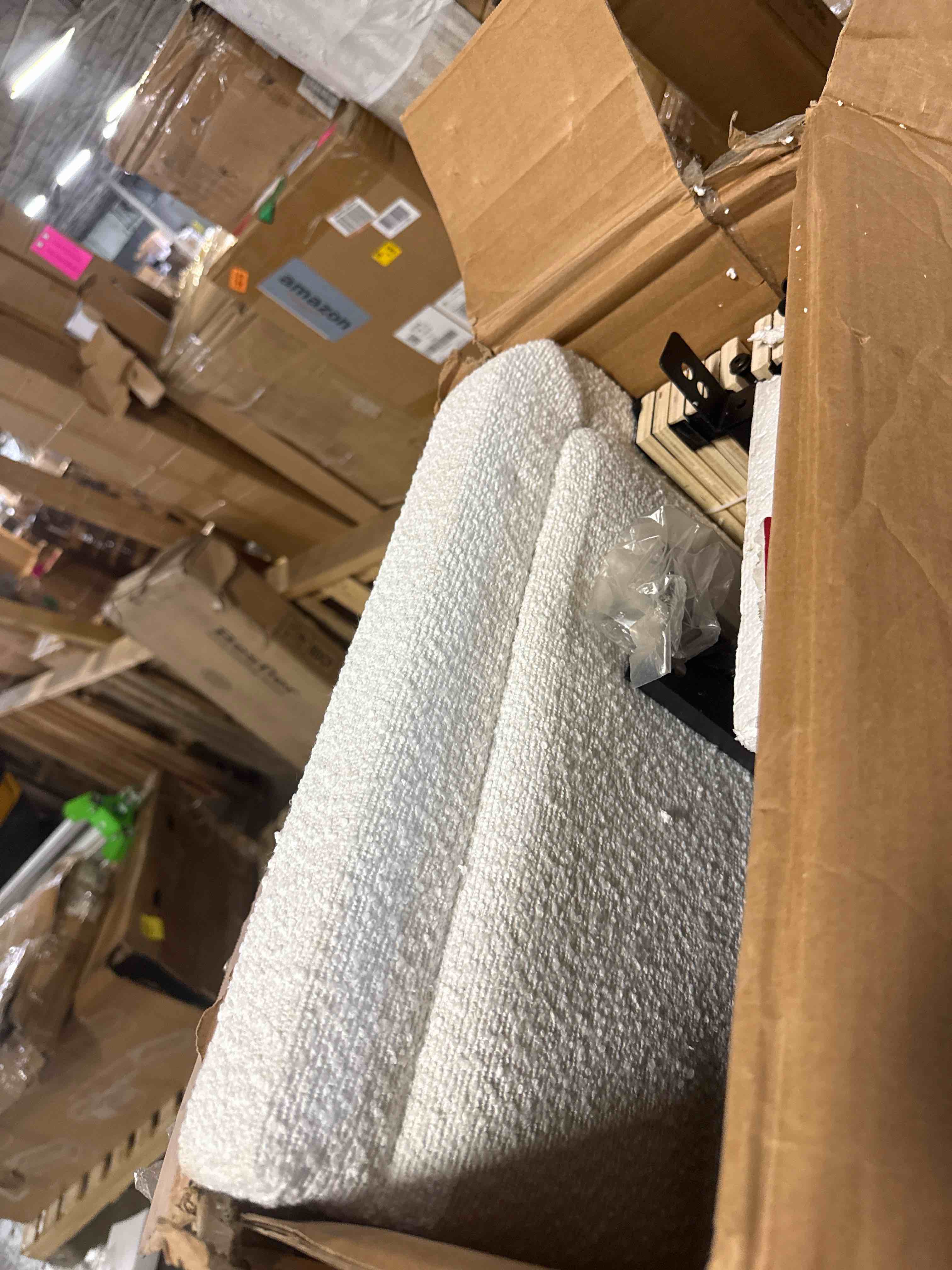 Condition photo showing New/Like New for queen size bed frame, upholstered platform bed frame with adjustable headboard, soft boucle fabric, modern style, no box spring required, easy assembly, off-white beige queen