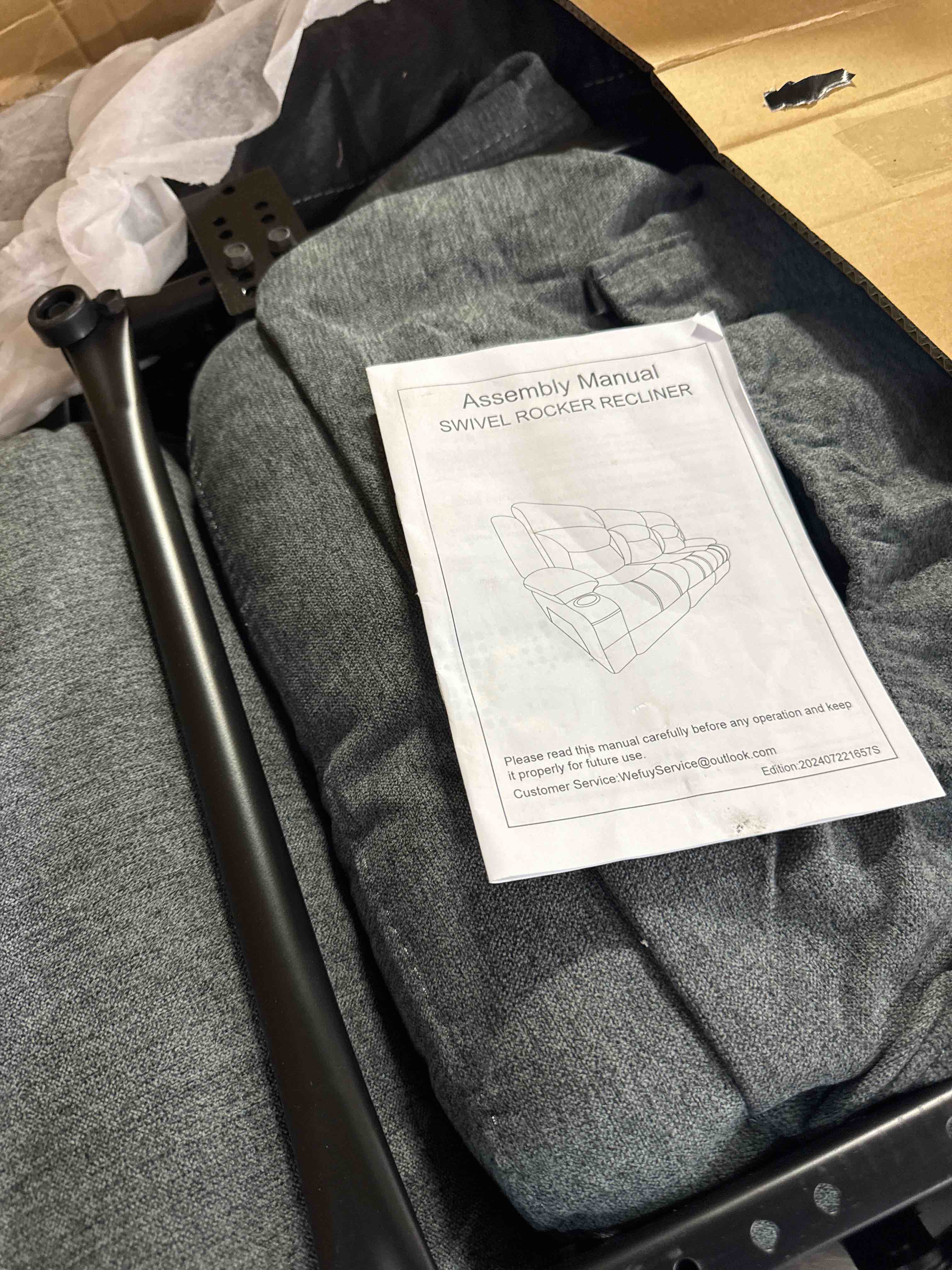 Condition photo showing As Is for haomarkets 3-piece power recliner sofa set with charging port, include 2 single power chairs and a 3-seater reclining couch with cup holders for living room, dark grey( middle section couch only) similar