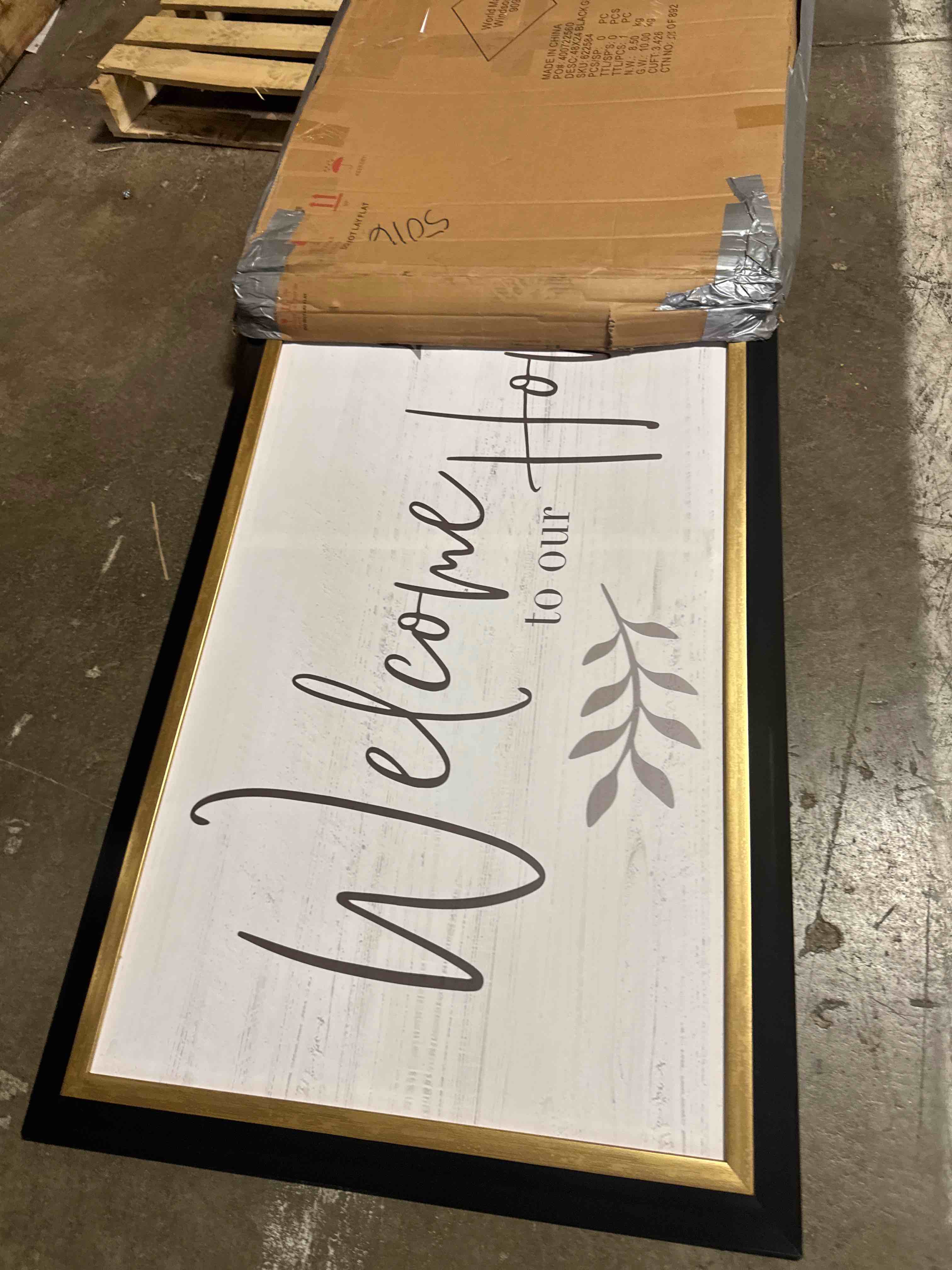 Condition photo showing New/Like New for stupell industries 'welcome to our home country sign', floating frame canvas art, gold, 31 x 14 inches, easy to hang and sturdy, made in usa, by natalie carpentieri
