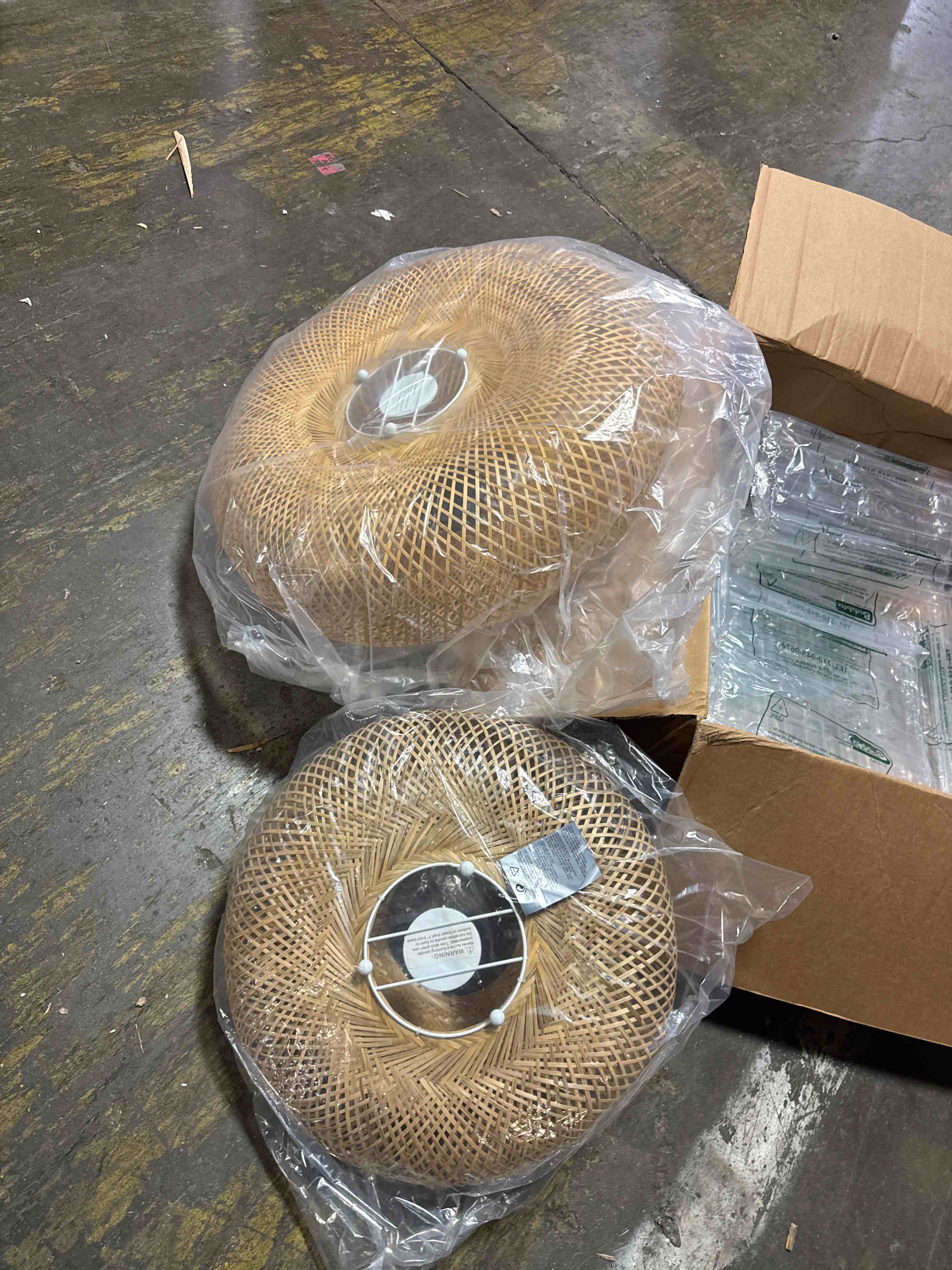 Condition photo showing New/Like New for 2 rustic style pendant light bamboo art lamp chandeliers restaurant, for offices(one large one small)
