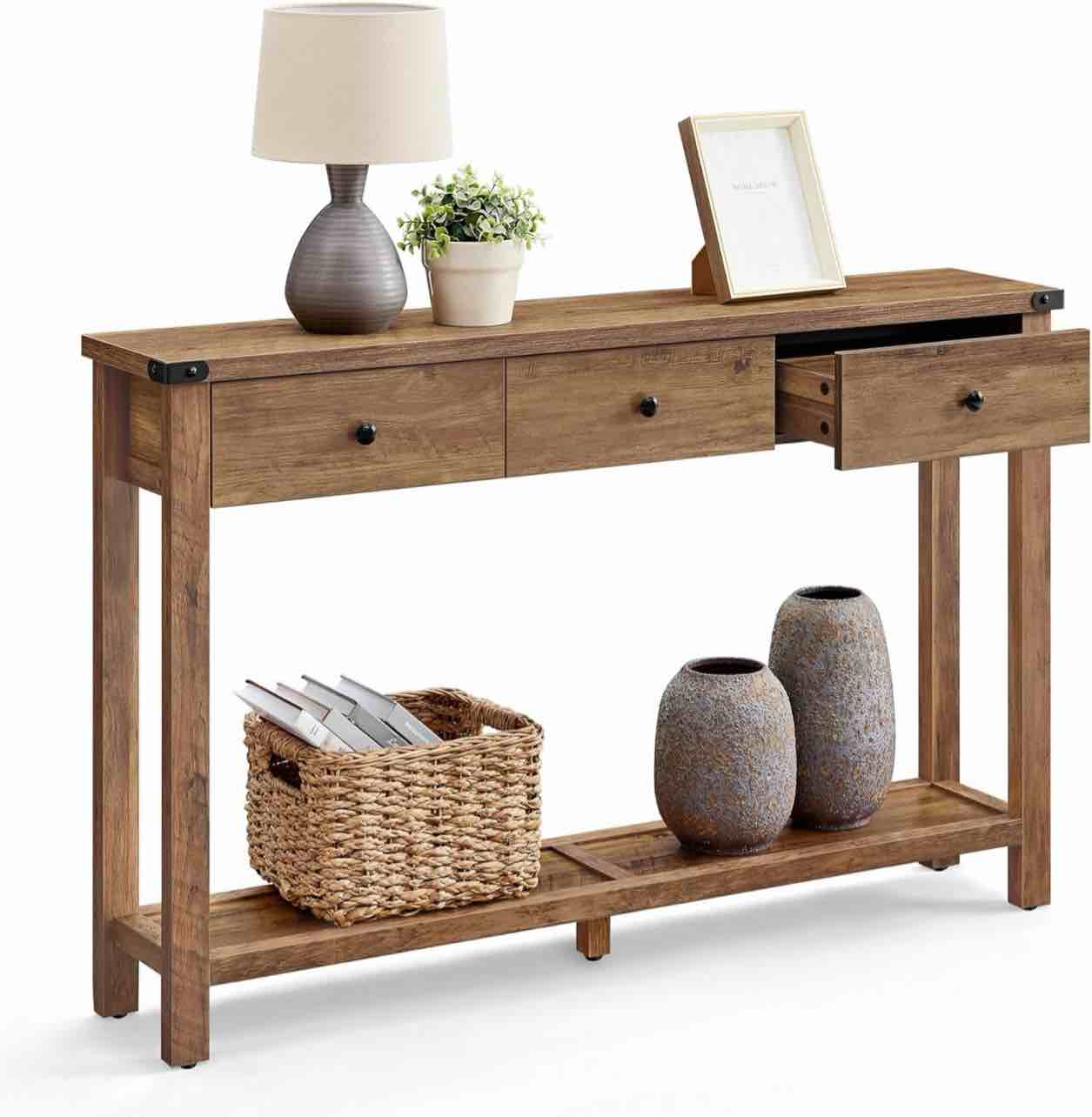 vasagle liry collection - console table with 3 drawers and open storage shelf, narrow entryway sofa table for living room, farmhouse style, metal corners, honey brown