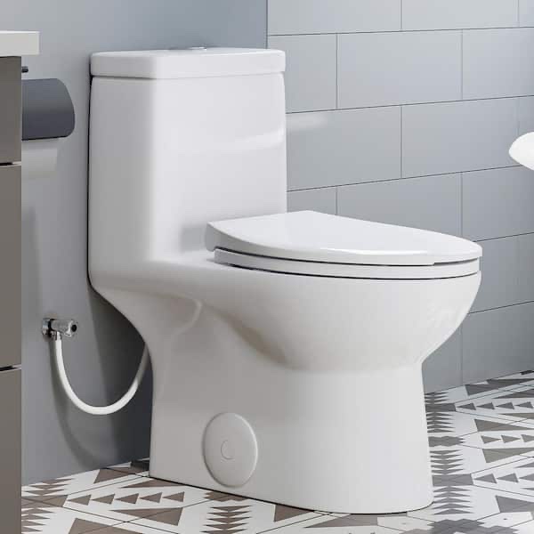 Condition photo showing As Is for 1-piece 0.8/1.28 gpf dual flush elongated toilet in white with seat included