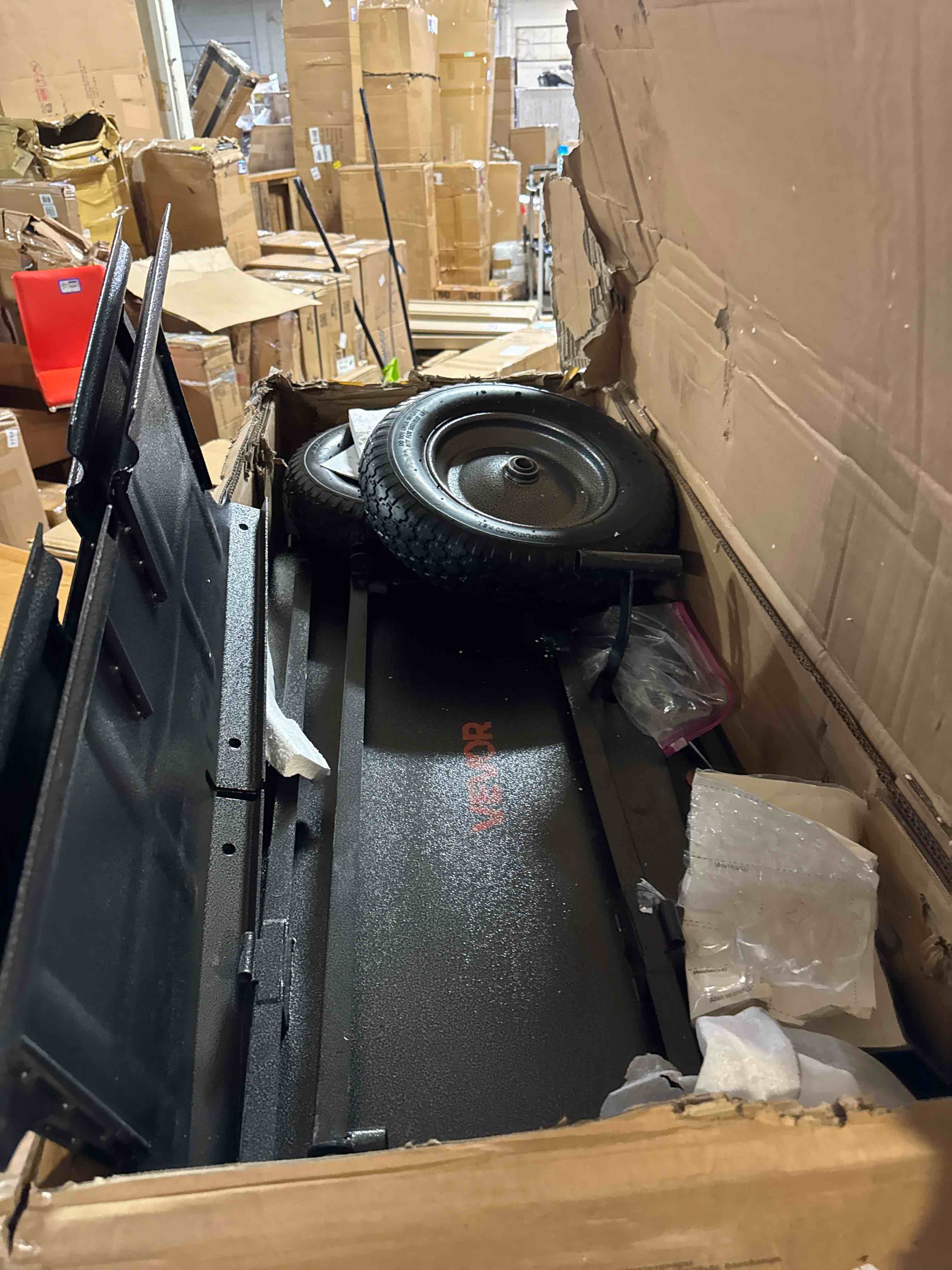 Condition photo showing Good Condition for vevor heavy duty atv trailer steel dump cart, 750 lbs 15 cubic feet, garden utility trailer yard trailers with removable sides for riding lawn mower tractor