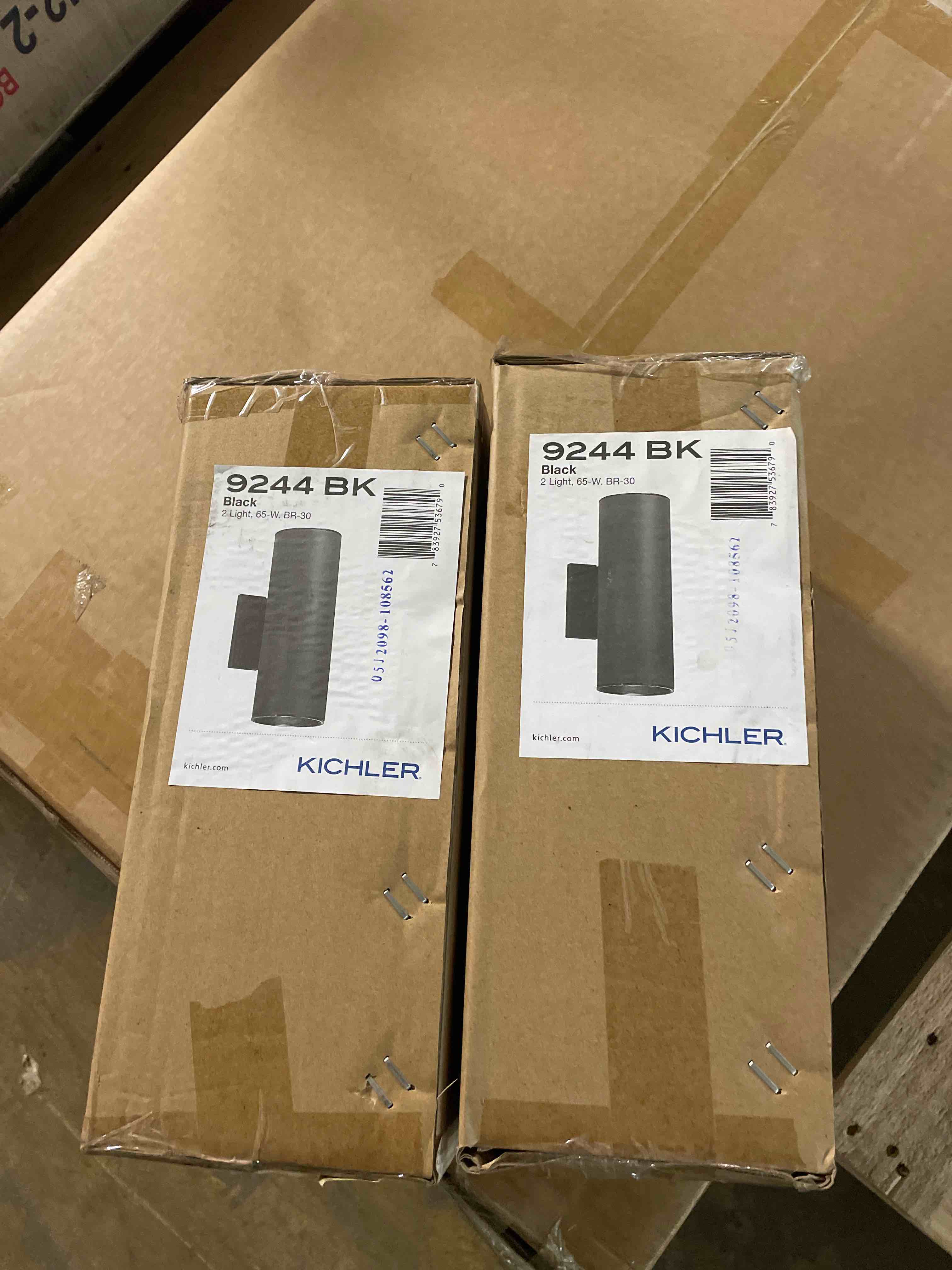 Condition photo showing New/Like New for kichler cylinders 12" outdoor wall sconce in black, 2-light exterior wall light, cylinder fixture, (12" h x 5" w) , 9244bk (set of 4) 