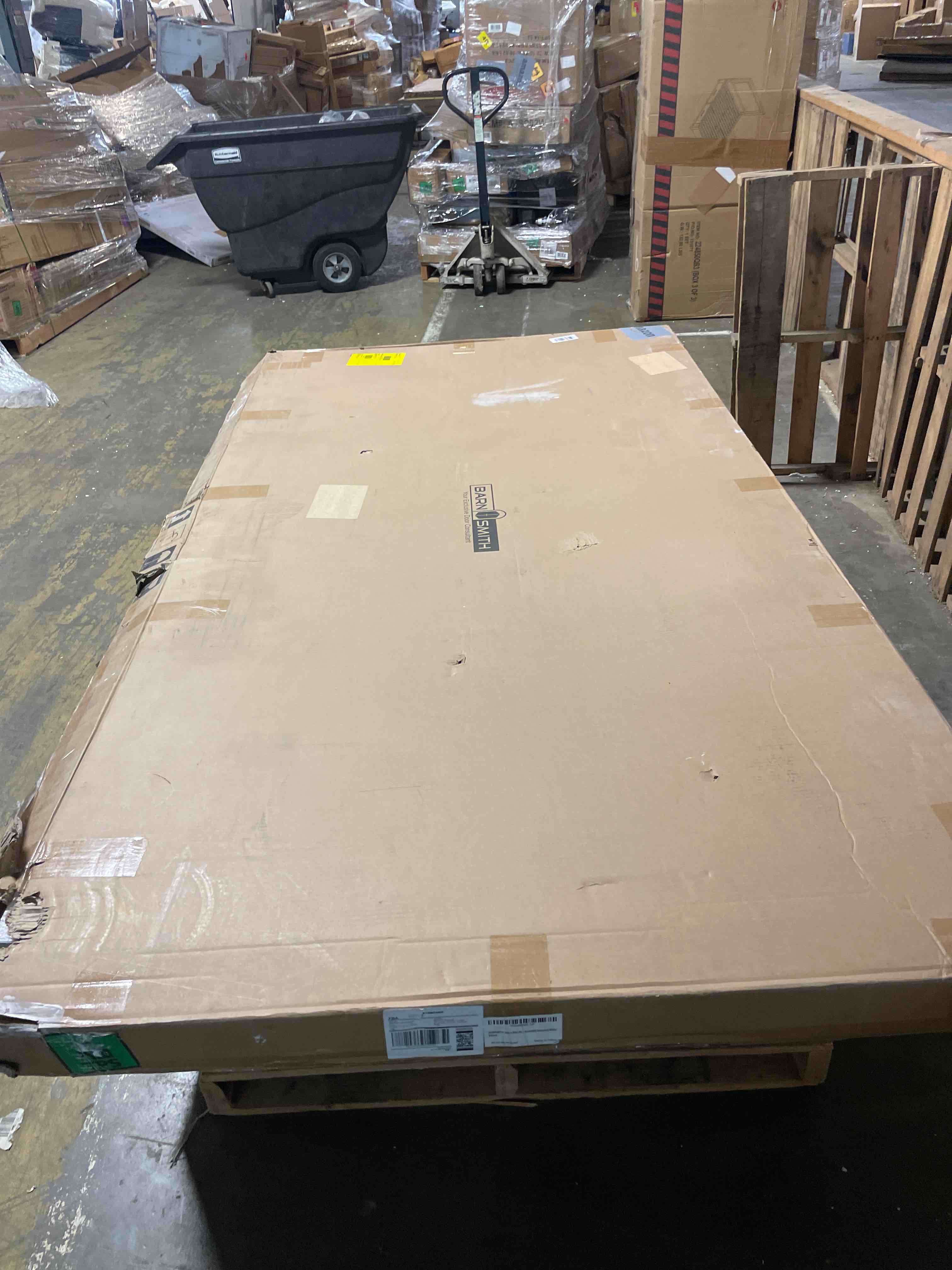 Condition photo showing New/Like New for barnsmith 36" x 80" sliding pocket door, includes wooden frame mirror door panel and soft close pocket frame kit, solid wood water-proof pvc surface, white