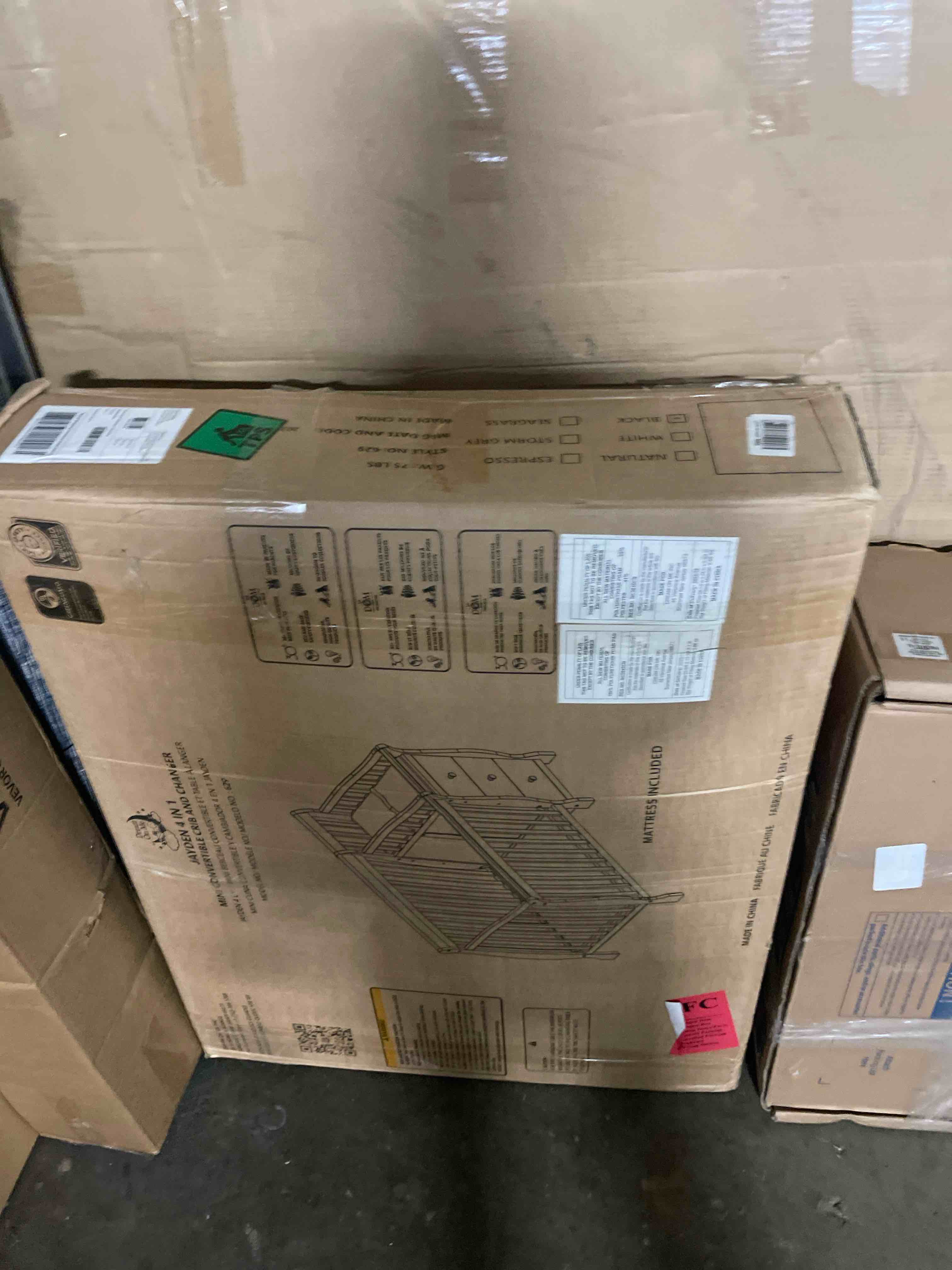 Condition photo showing New/Like New for dream on me jayden 4?in?1 mini convertible baby crib & changer with storage in black, pinewood, greenguard gold & jpma, 1” mattress pad, 3 mattress heights, converts to mini day & twin-size bed black 56.8"l x 29"w x 41"h
