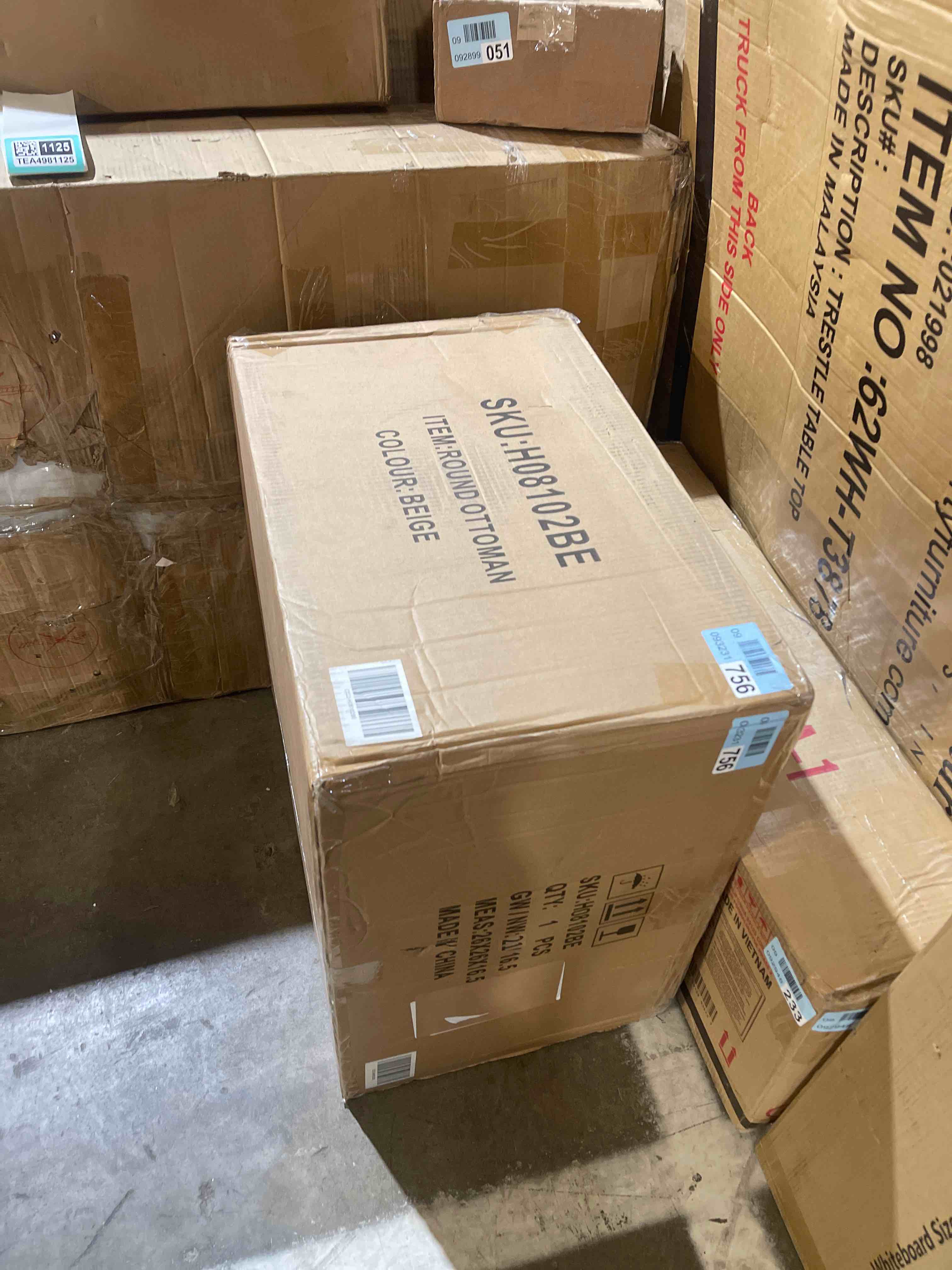 Condition photo showing New/Like New for amazon basics round linen ottoman with storage, tufted upholstered footstool for living room and bedroom, 20" x 17", linen burlap beige burlap 20"d x 20"w x 17"h