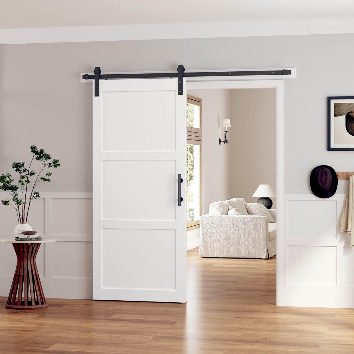 3-panel manufactured wood barn door with installation hardware kit