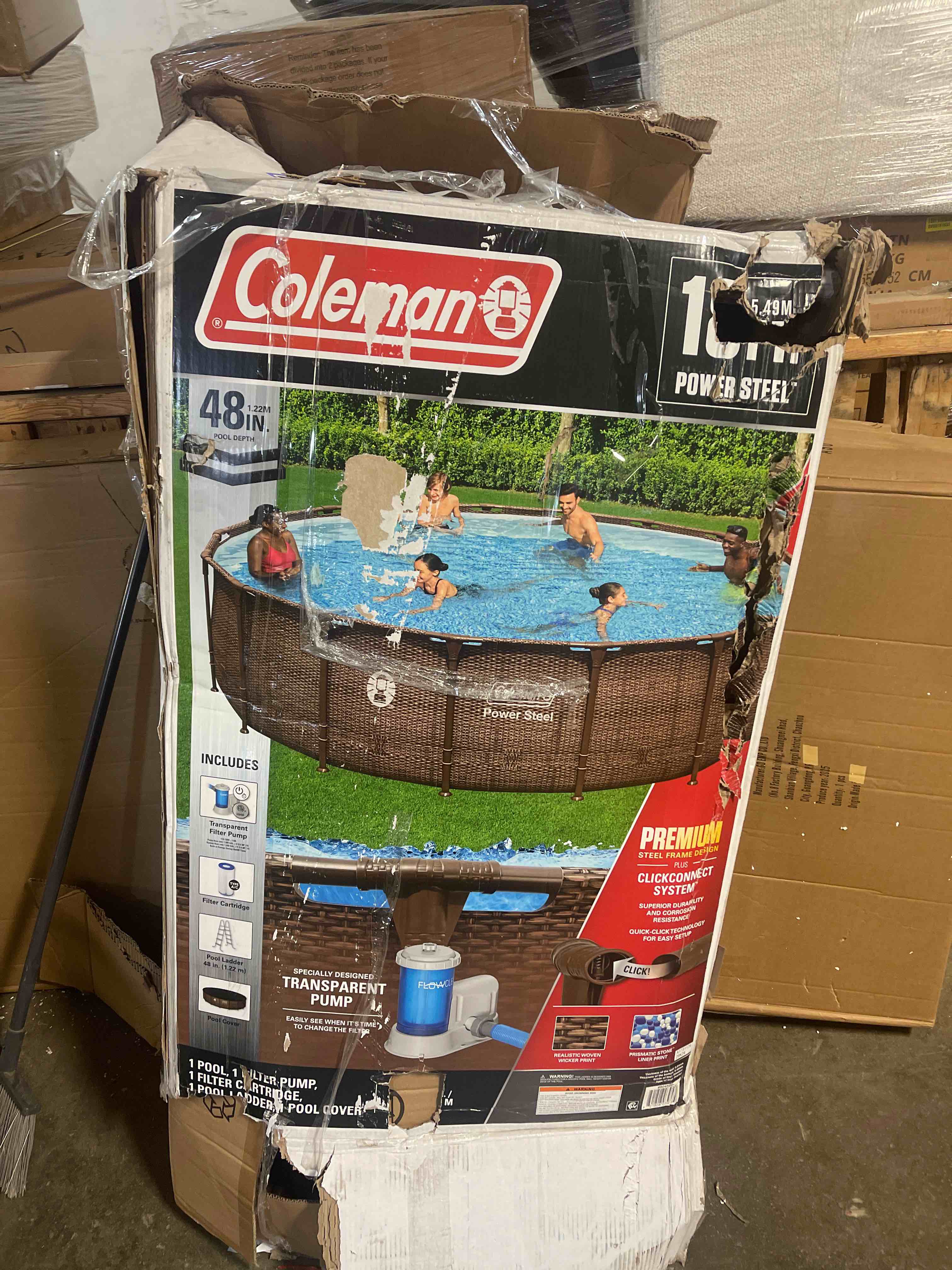 Condition photo showing As Is for coleman power steel 18’ x 48” round metal frame above ground pool set including filters