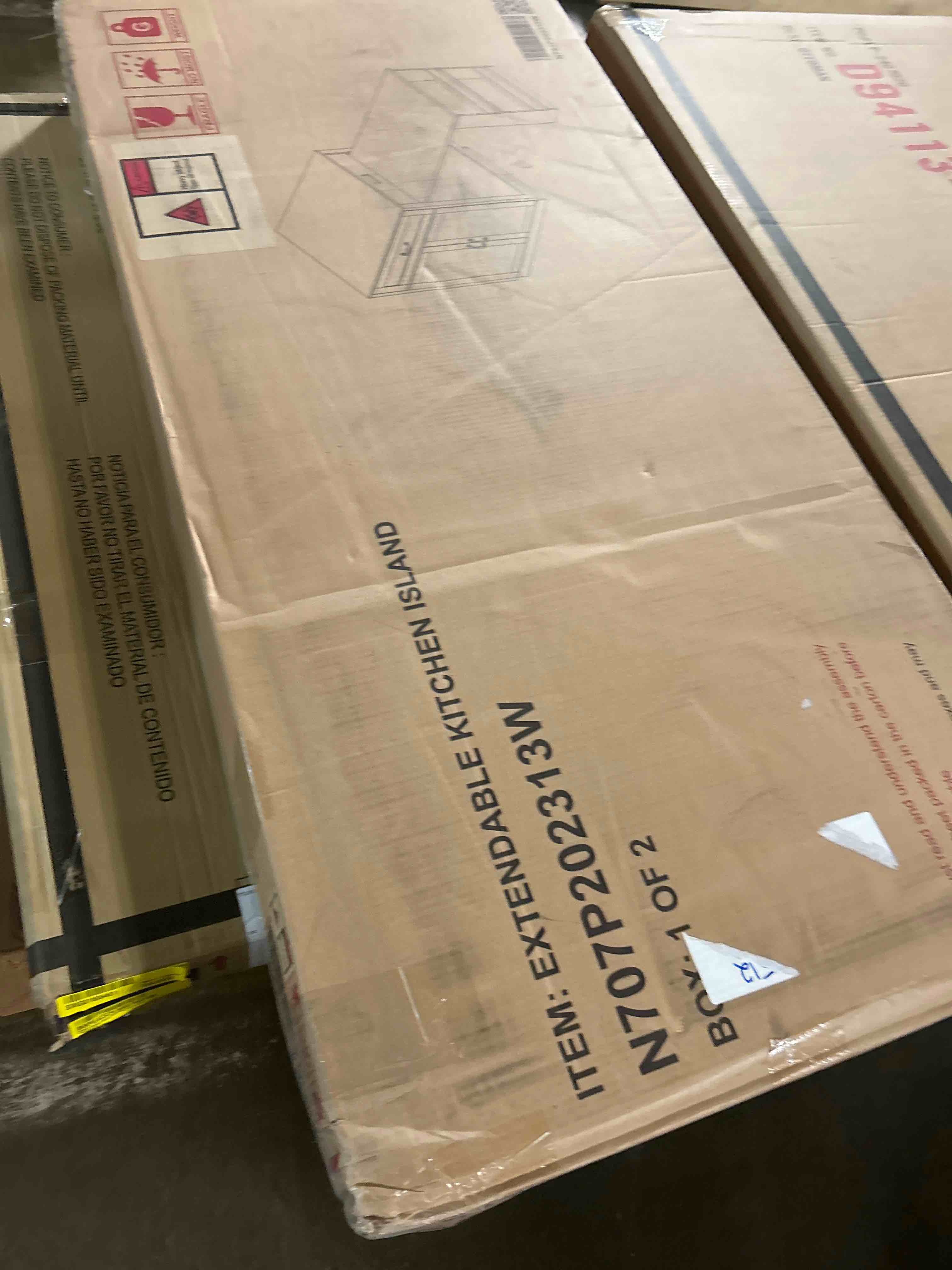 Condition photo showing As Is for 82.7 inch kitchen island with extendable dining table for 4-6 person,two-tone kitchens table with double-sized storage, power outlet, kitchen island with storage 2 drawers 2 side open shelves,white(box 1 of 2 only )