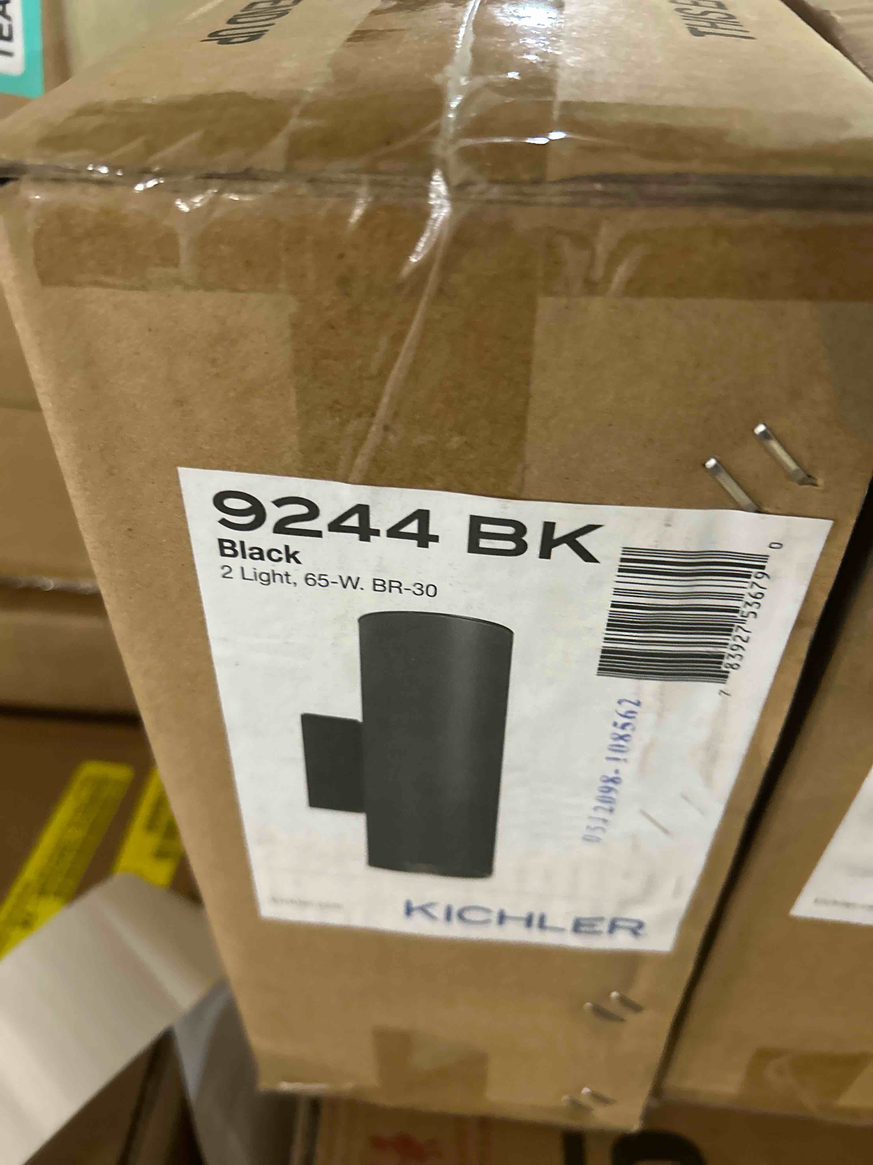 Condition photo showing New/Like New for kichler cylinders 12" outdoor wall sconce in black, 2-light exterior wall light, cylinder fixture, (12" h x 5" w), 9244bk (pack of 2)