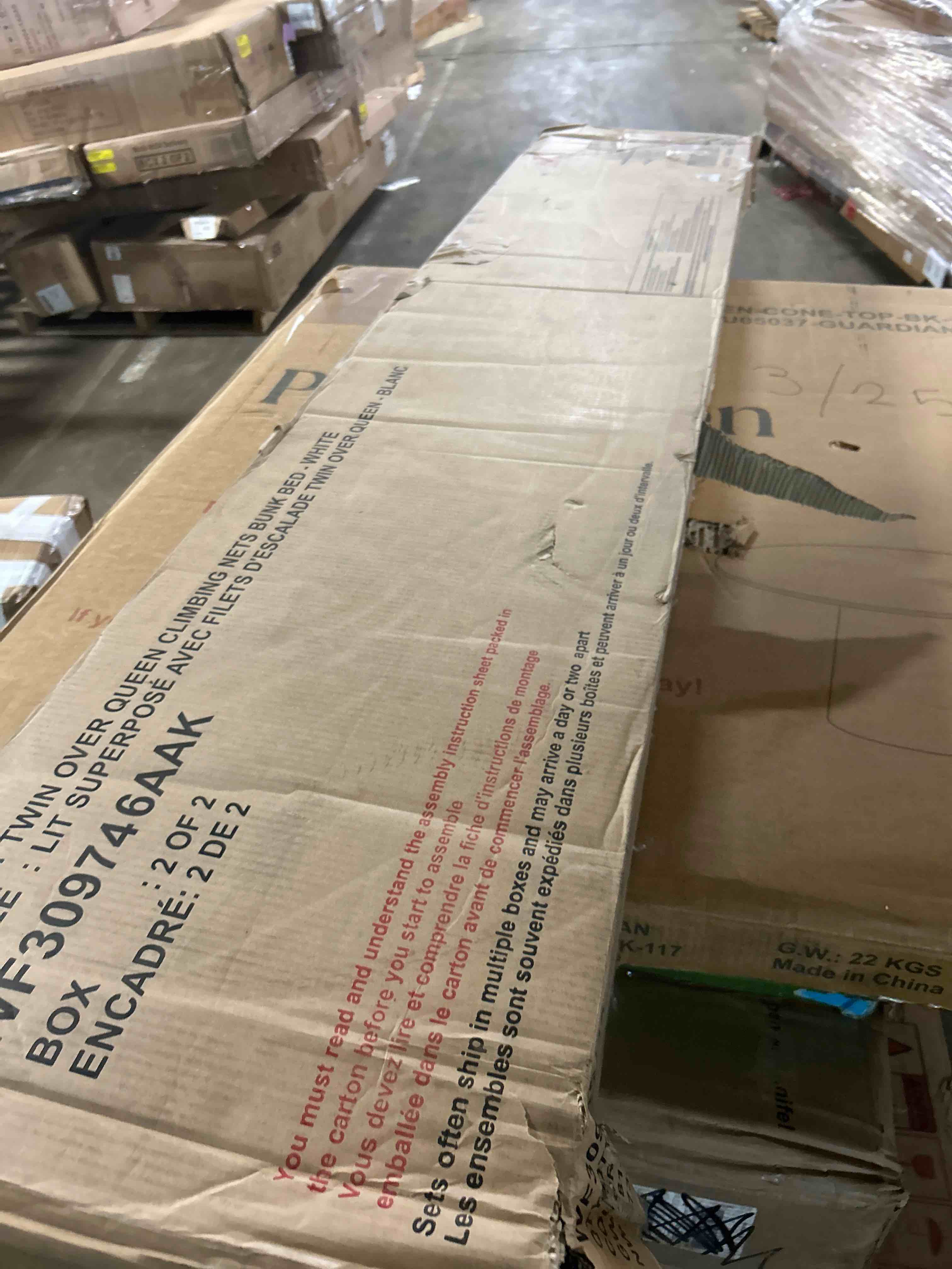 Condition photo showing As Is for twin over queen house bunk bed with climbing nets and climbing ramp, white(box 2 of 2 only)