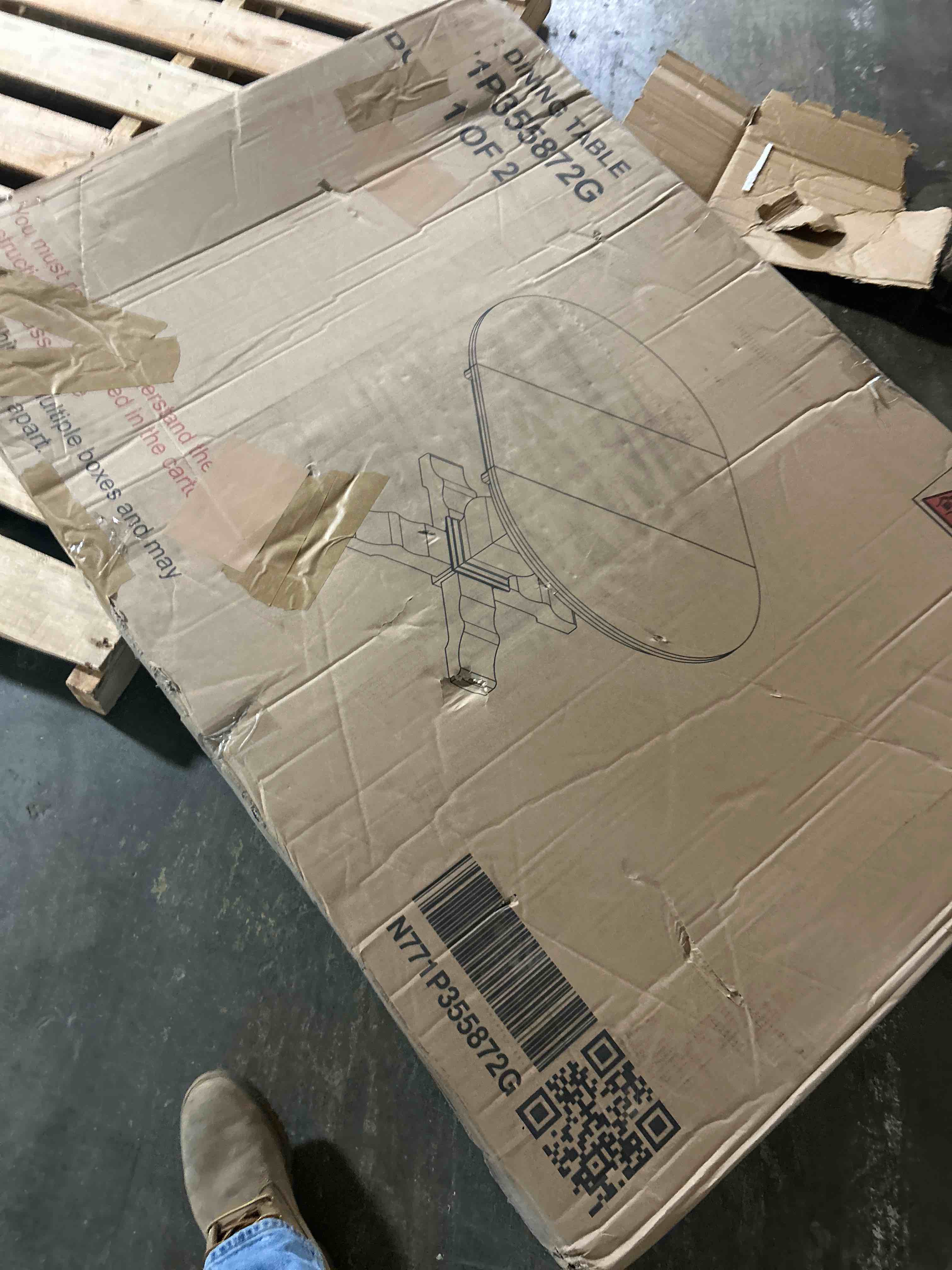 Condition photo showing As Is for white oval olivia pedestal dining table(box 1 of 2 only)