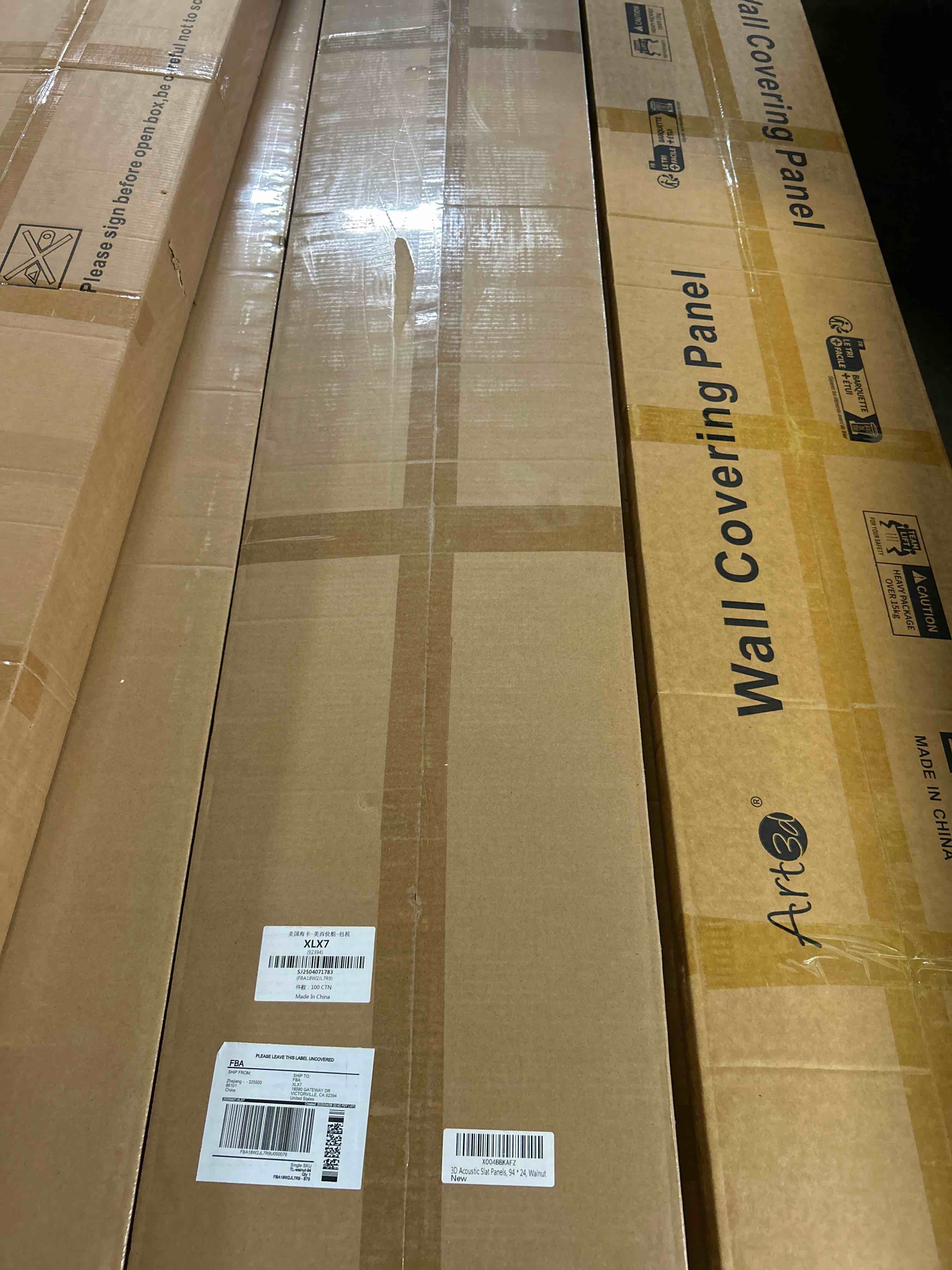 Condition photo showing New/Like New for wood acoustic slat panels, 2 pack, 94.5" x 23.6" each box, 3d soundproof accent fluted panel for interior wall and ceiling decor, walnut