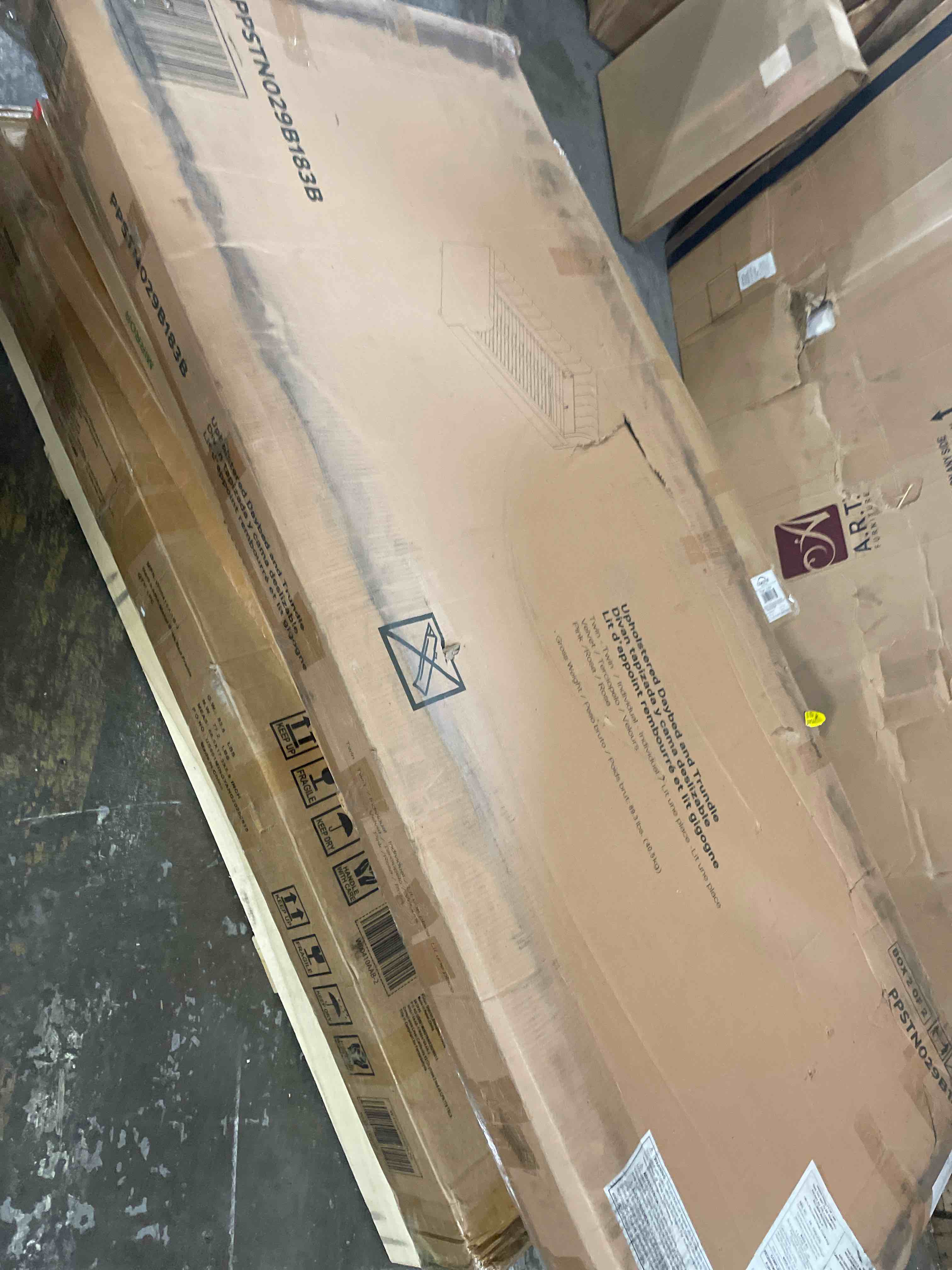Condition photo showing As Is for incomplete twin upholstered daybed with twin trundle and usb ports  add to cart twin upholstered daybed with twin