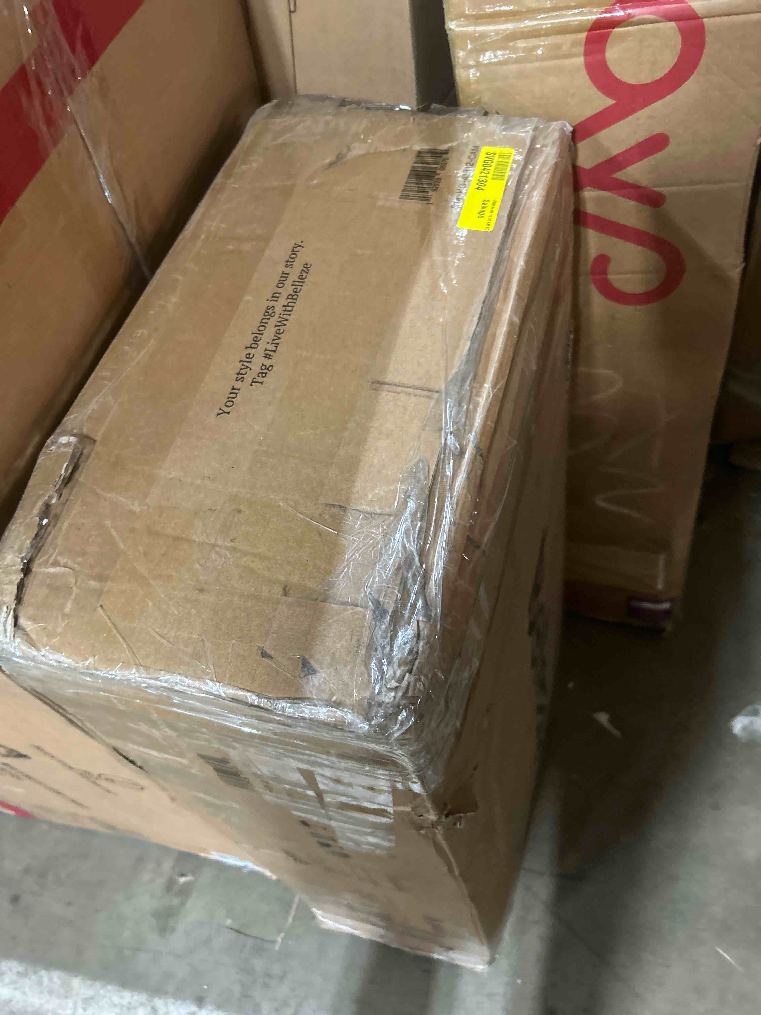 Condition photo showing New/Like New for belleze fluted modular sideboard cabinet, classic modern buffet cabinet with 3 drawers, accent credenza storage cabinet for dining room living room entryway (camel)