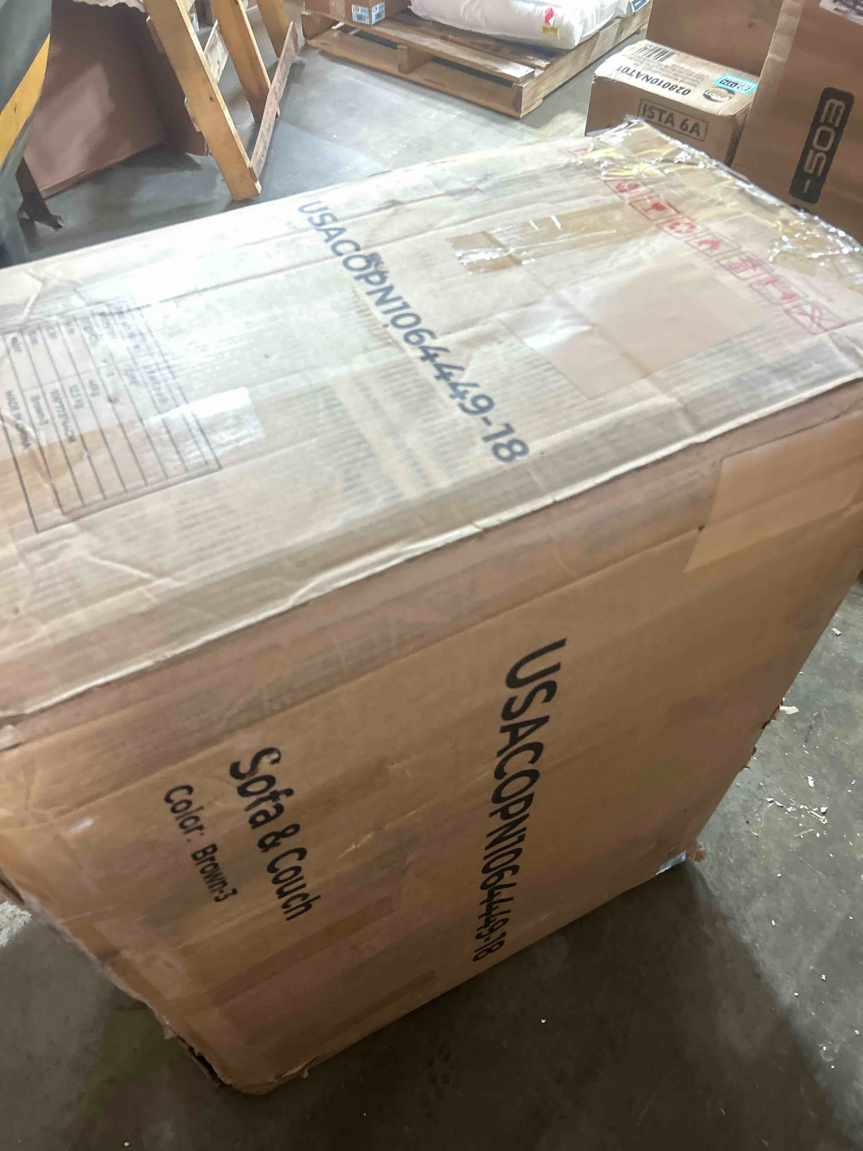 Condition photo showing As Is for modern 3-seater sofa, hybrid sofa in a box, no assembly required, comfy sofa couch with 3 matching pillows, cat-scratch resistant linen, couch for living room or bedroom, beige(brown box 3 only)