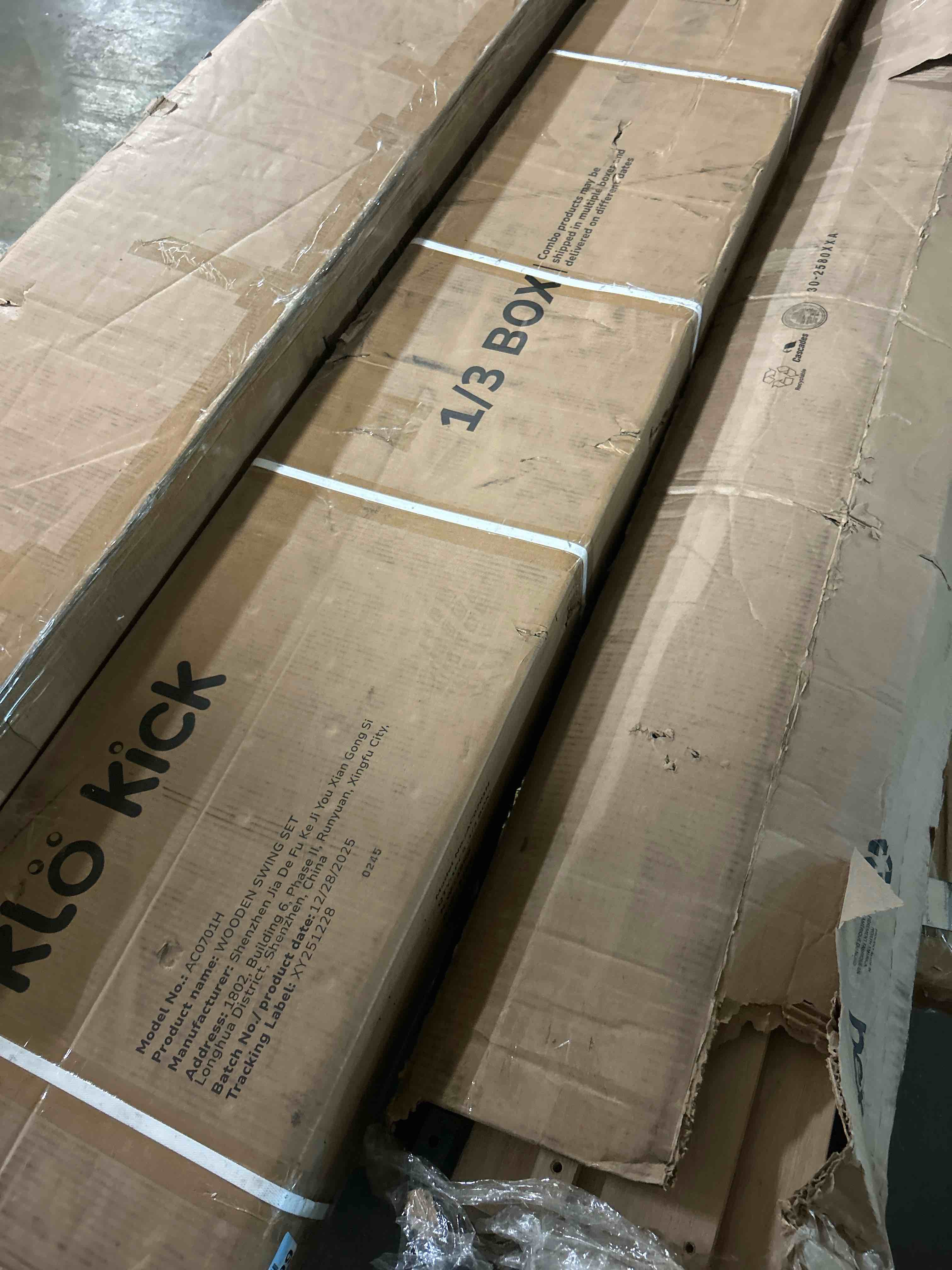 Condition photo showing As Is for wood swing sets for backyard - playground sets for backyards, outdoor playset with wave slide, play deck, rock wall ladder, belt swings, chalkboard, canopy roof(box 1 of 3 only)